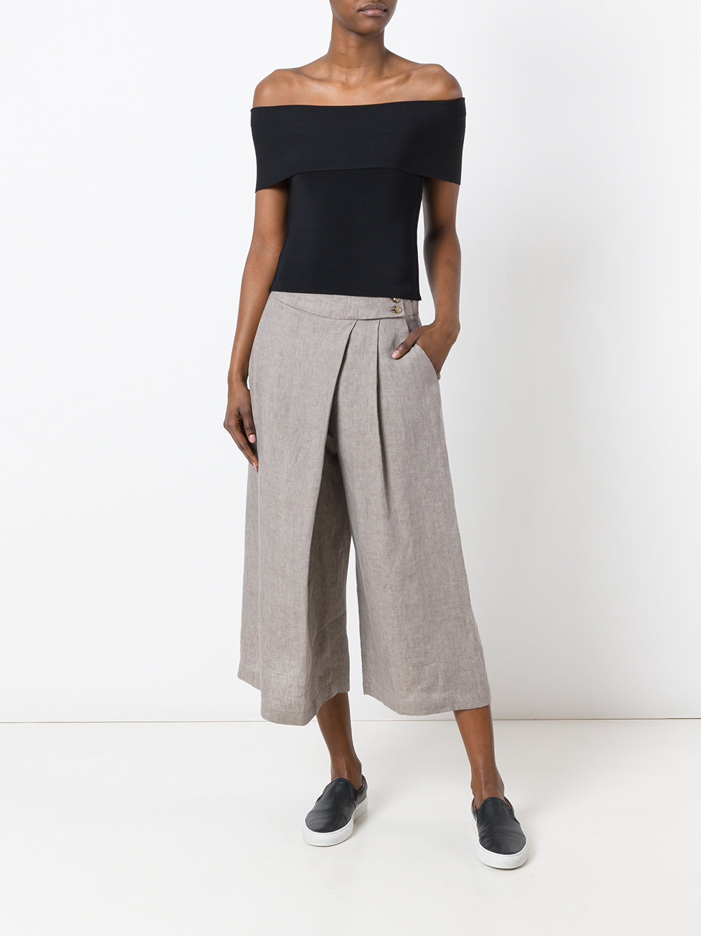 wide legged, asymmetric front pleat trousers