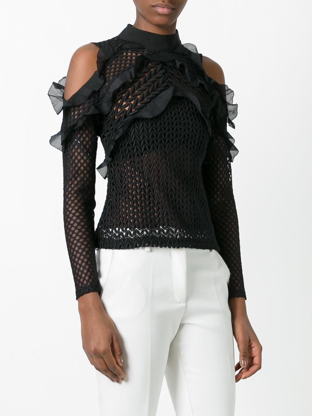 cut-off shoulders ruffled blouse