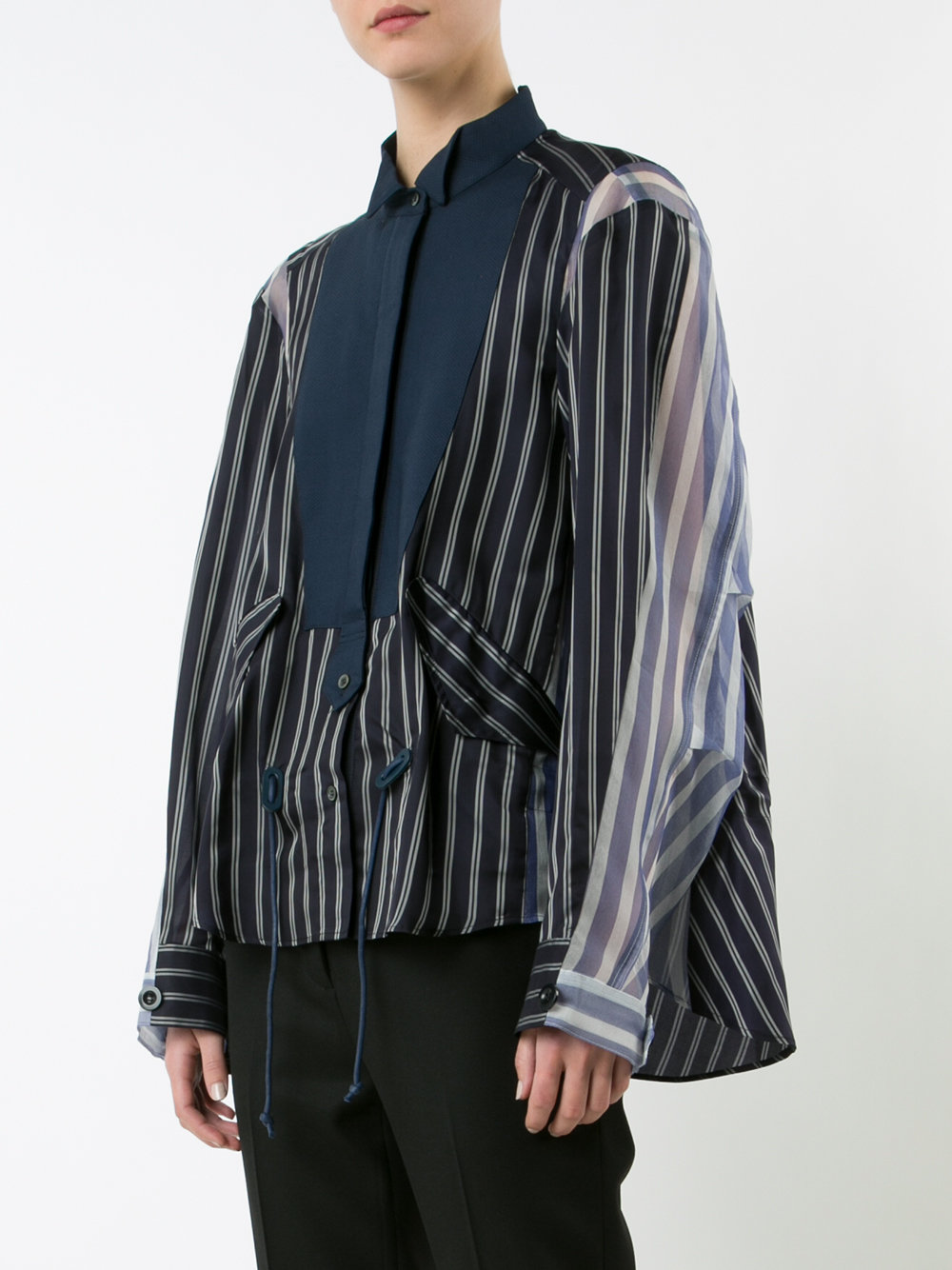 sheer panel bib stripe shirt