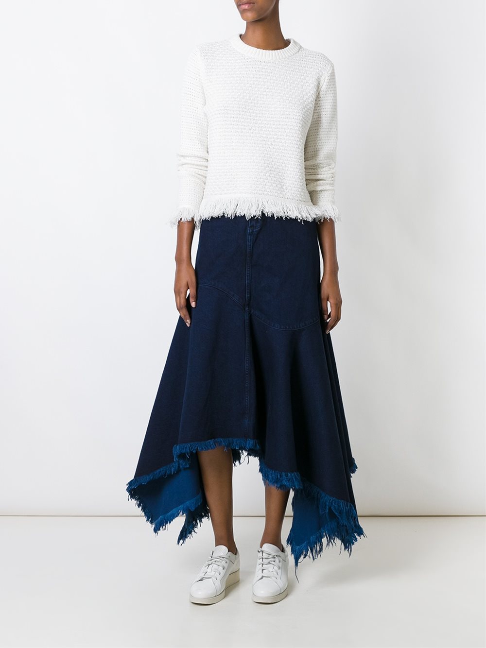 frayed asymmetric denim skirt