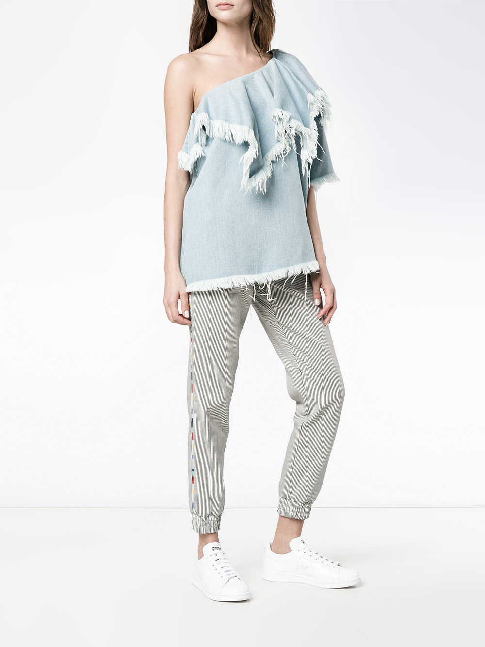 one-shoulder frayed denim top