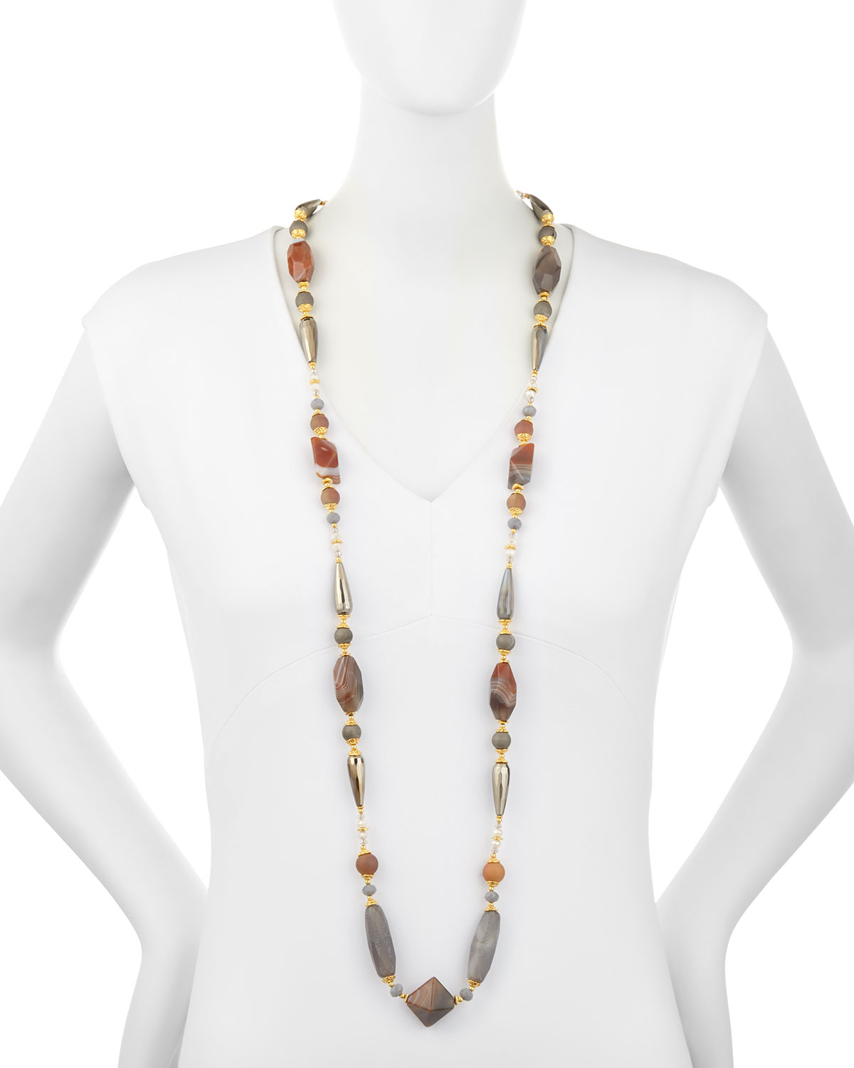 Long Gray & Peach Agate Necklace, 46"