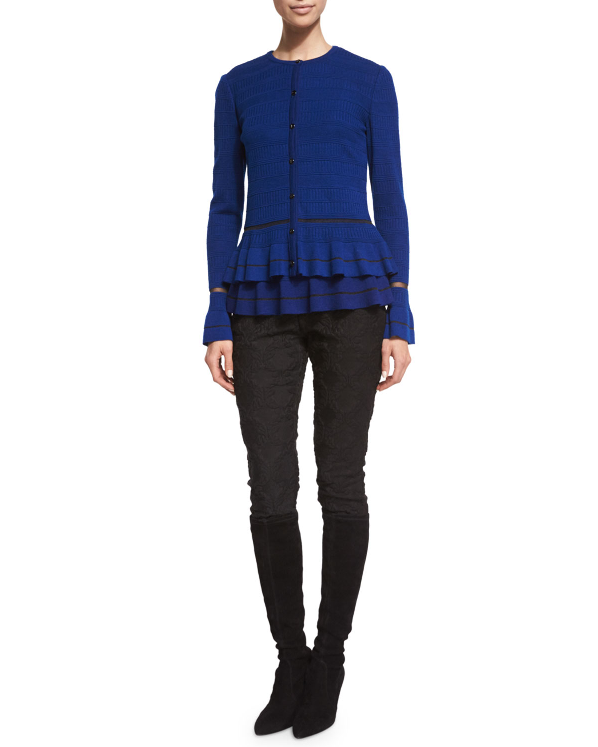 jewel-neck peplum cardigan, prussian blue/caviar