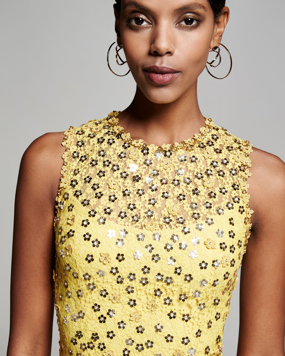 Floral-Sequin Lace Sleeveless Cocktail Dress, Dandelion