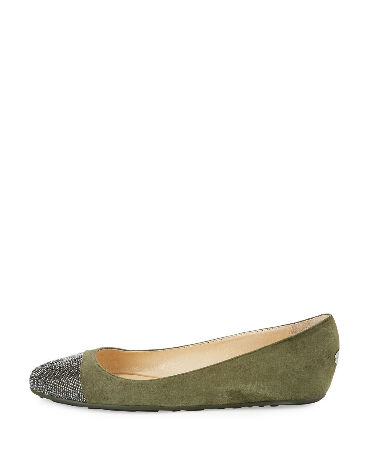 Waine Crystal-Toe Ballerina Flat, Army Green/Silver