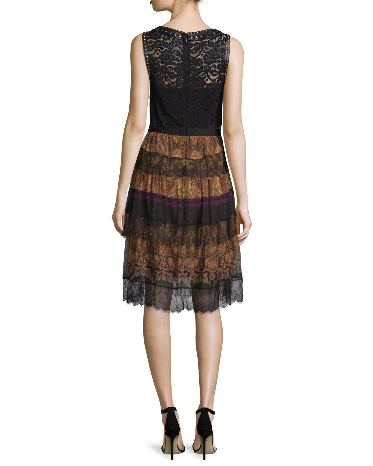 Paisley Tiered-Lace Sleeveless Dress, Black/Gold