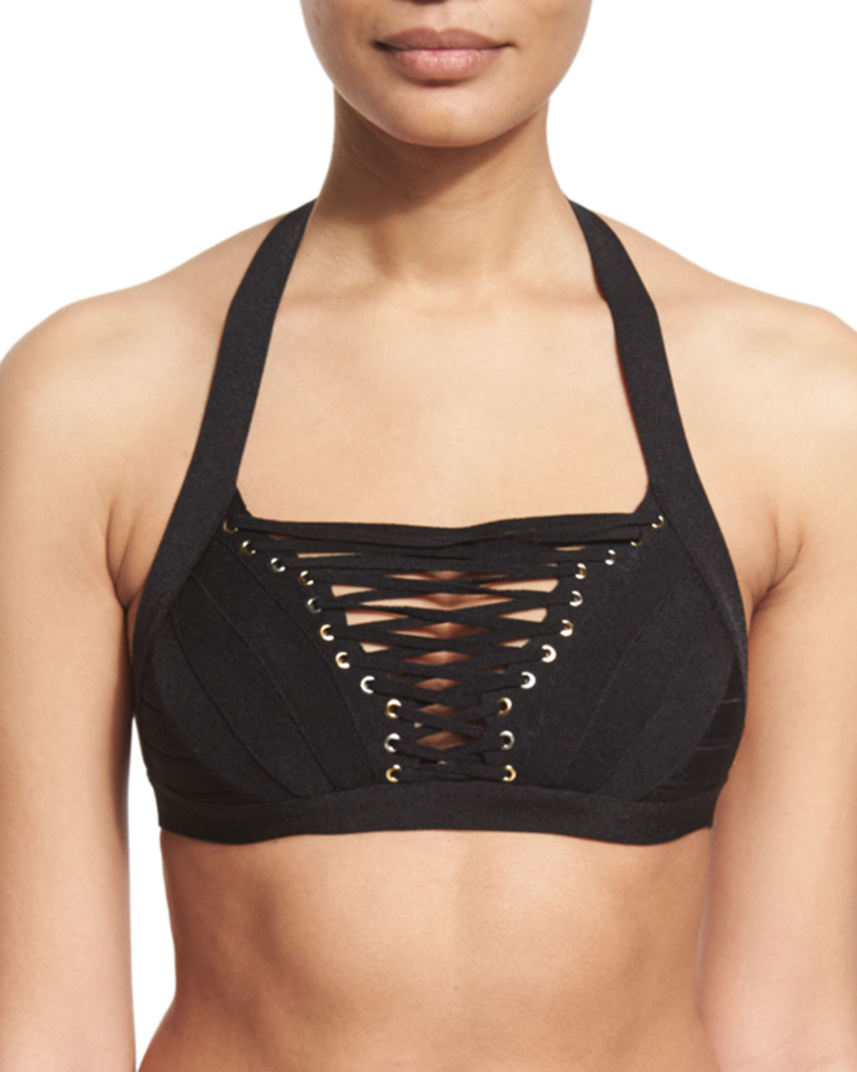 Lace-Up Front Halter Swim Top, Black