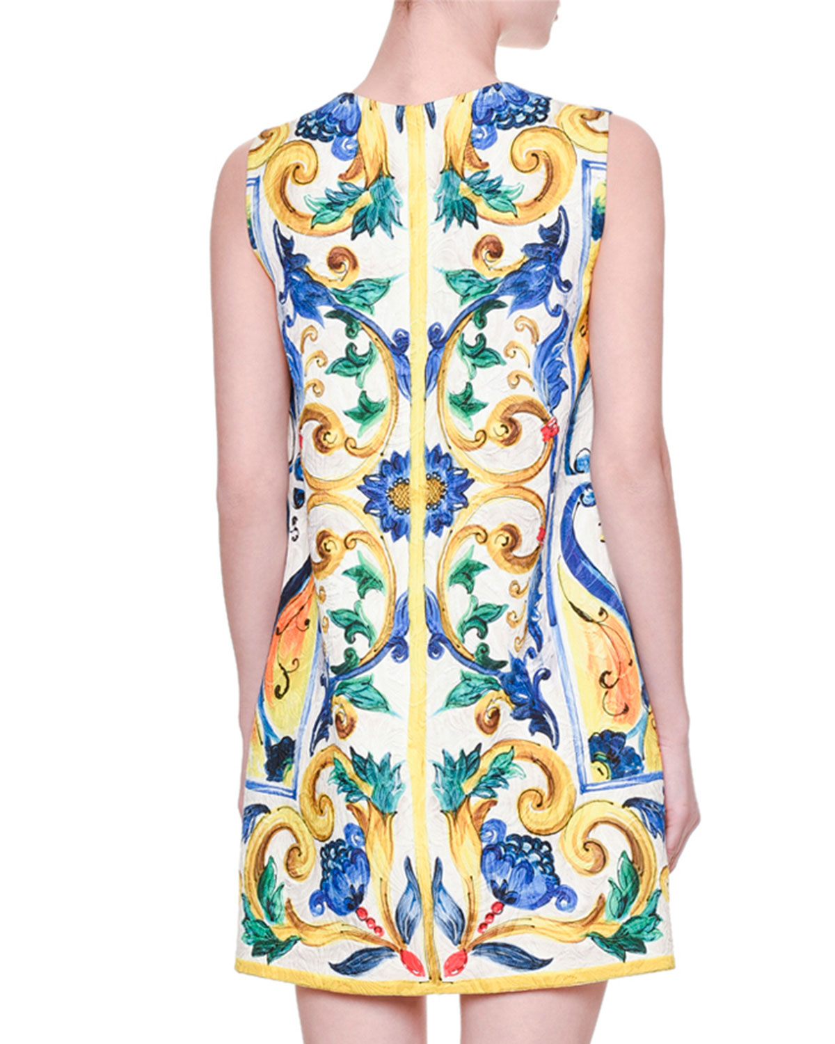Sleeveless Maiolica Floral-Print Shift Dress, White/Blue/Yellow