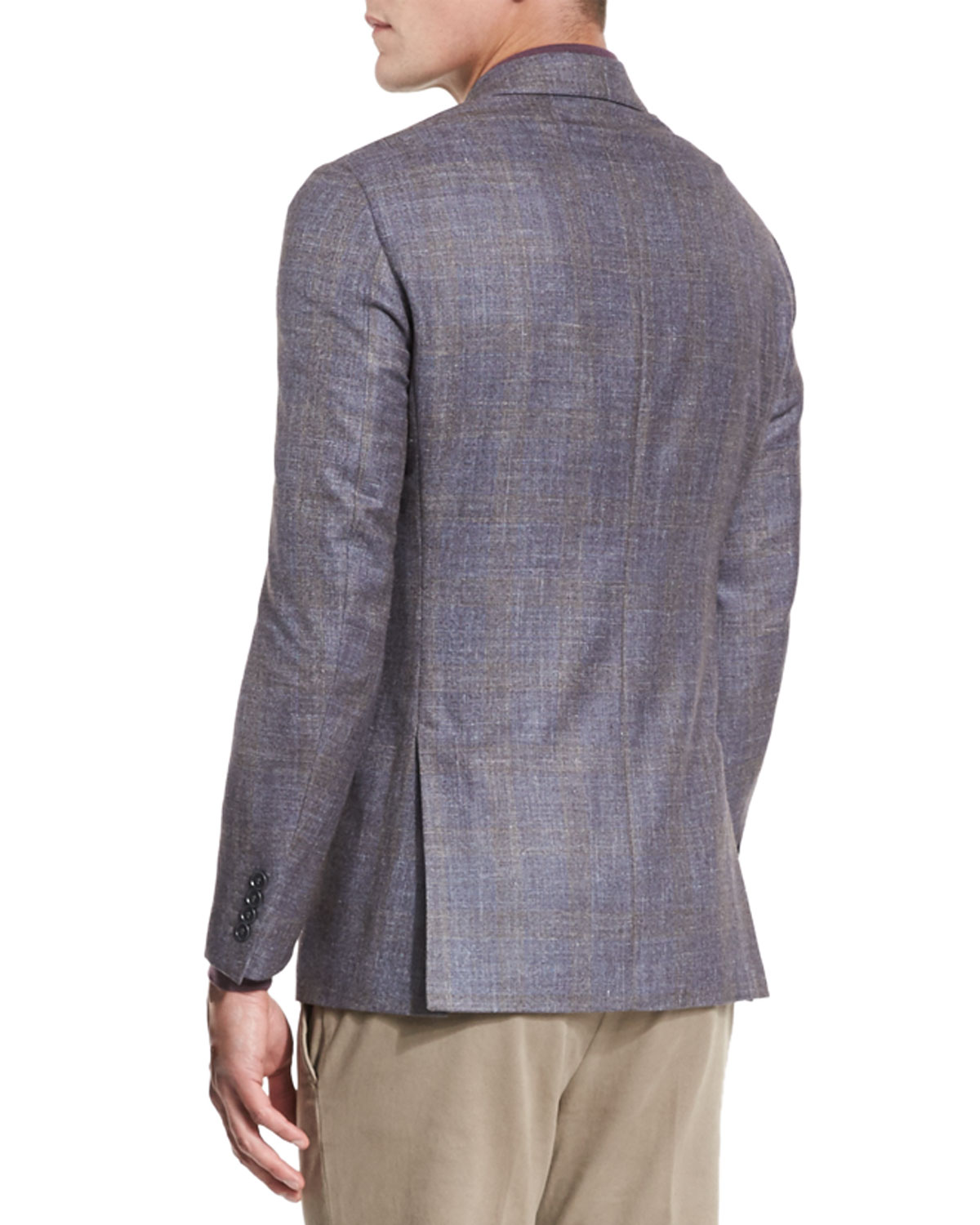 Check-Pattern Cheviot Twill Jacket, Blue/Taupe Fancy