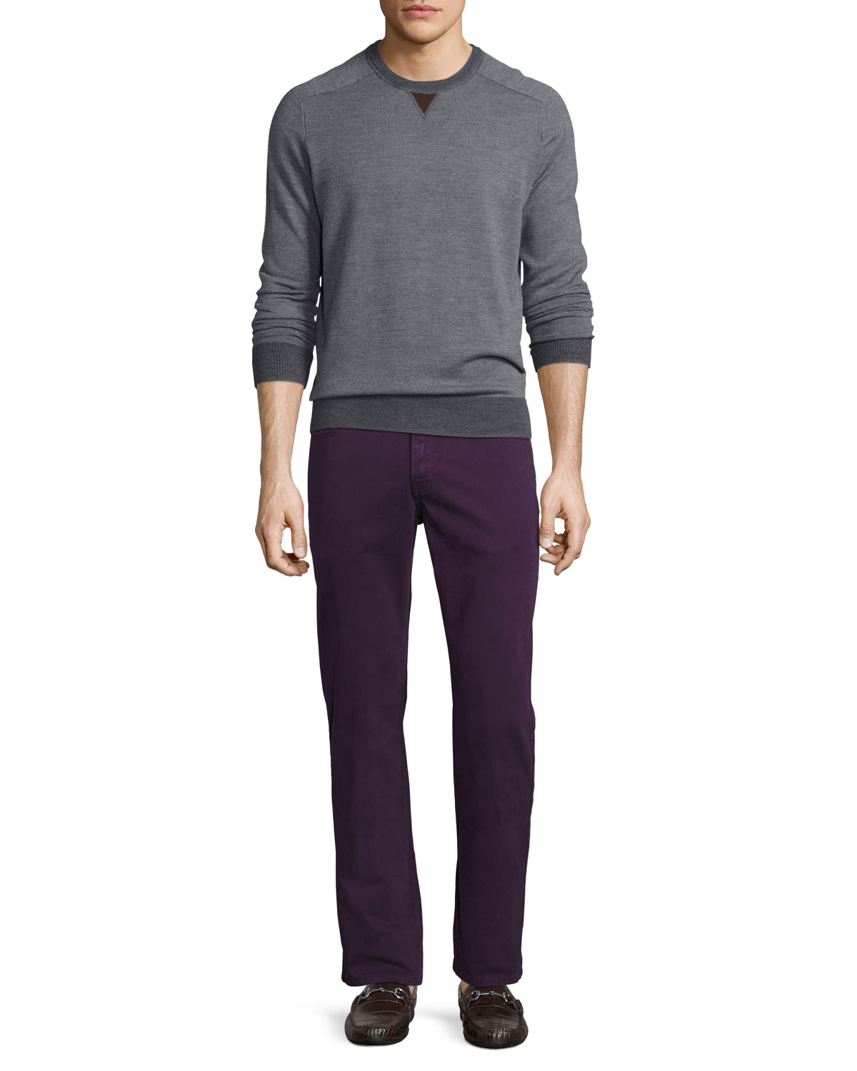 Sueded-Trim Crewneck Sweater, Charcoal