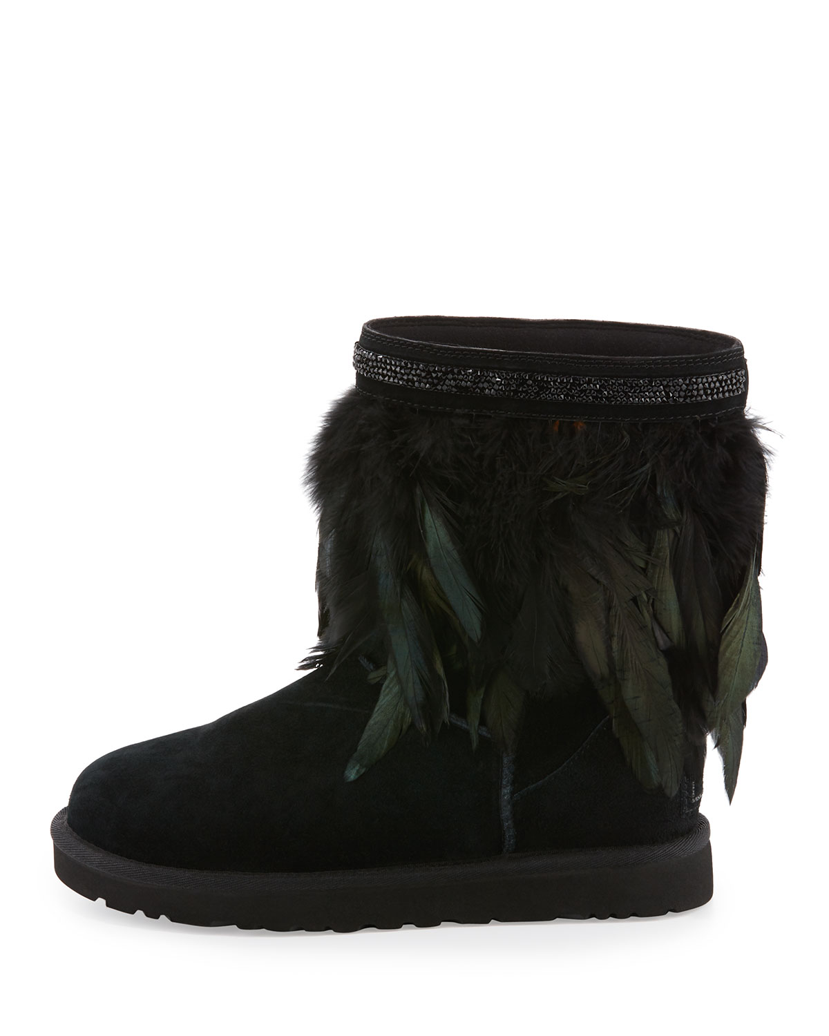 Classic Short Feather-Trim Boot, Black