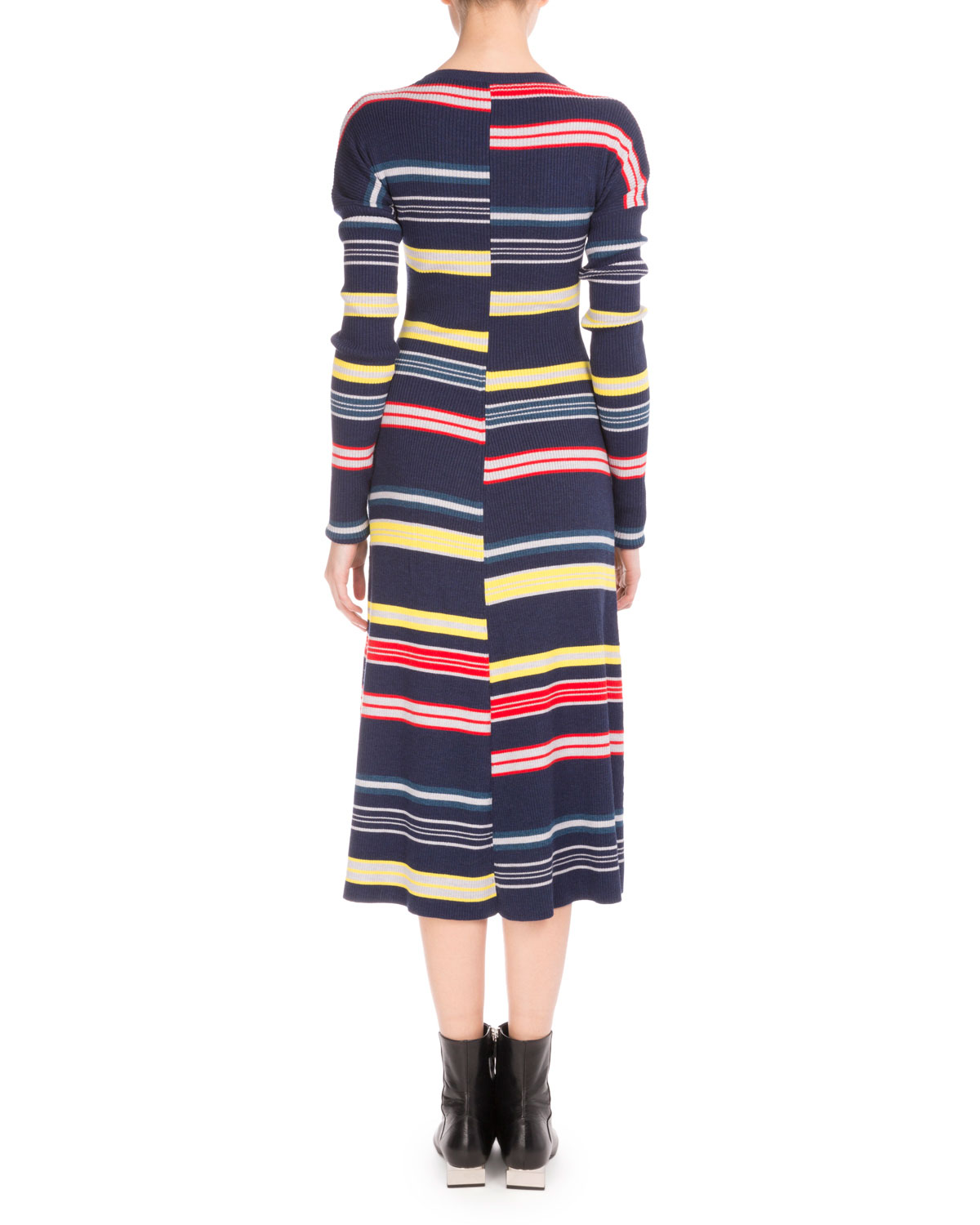 Long-Sleeve Colorblock Stripe Midi Dress, Midnight Blue