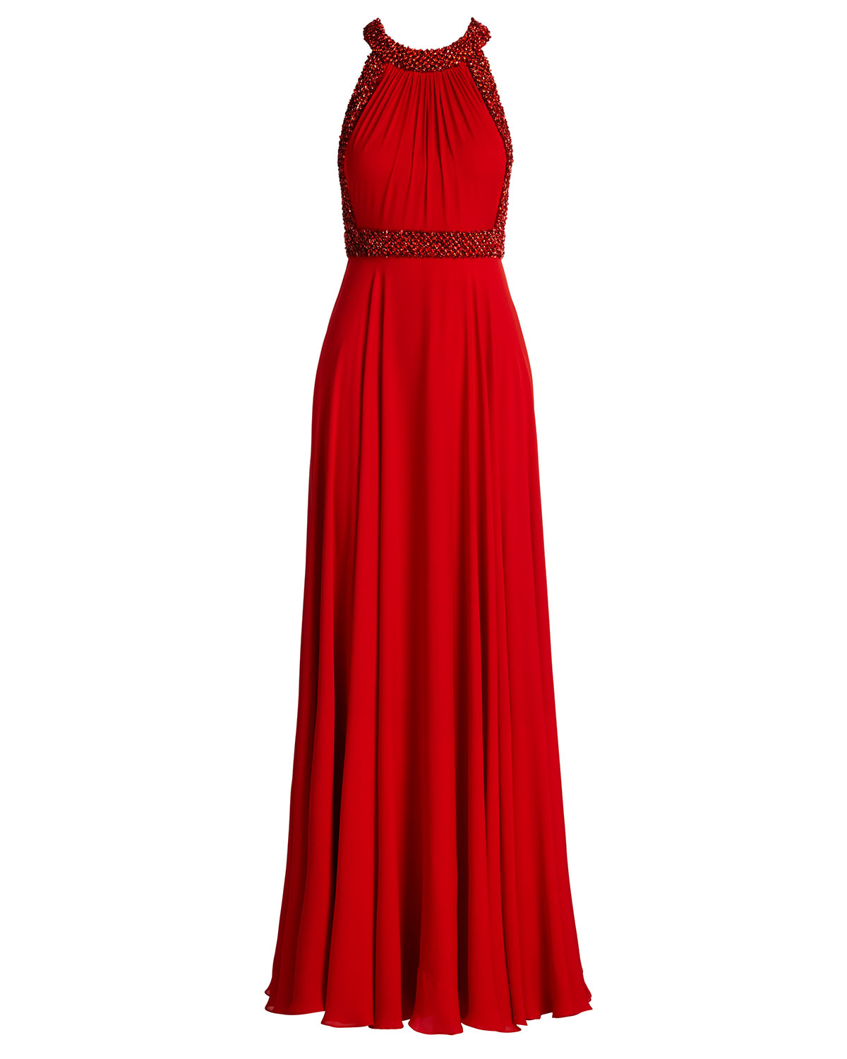 Halter-Neck Embellished-Trim Gown, Russian Red