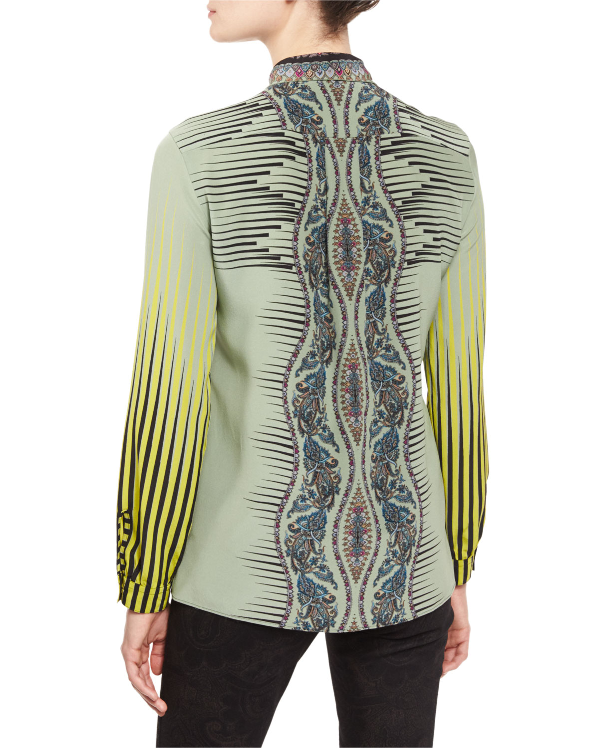 Faded-Stripe Long-Sleeve Blouse, Citron