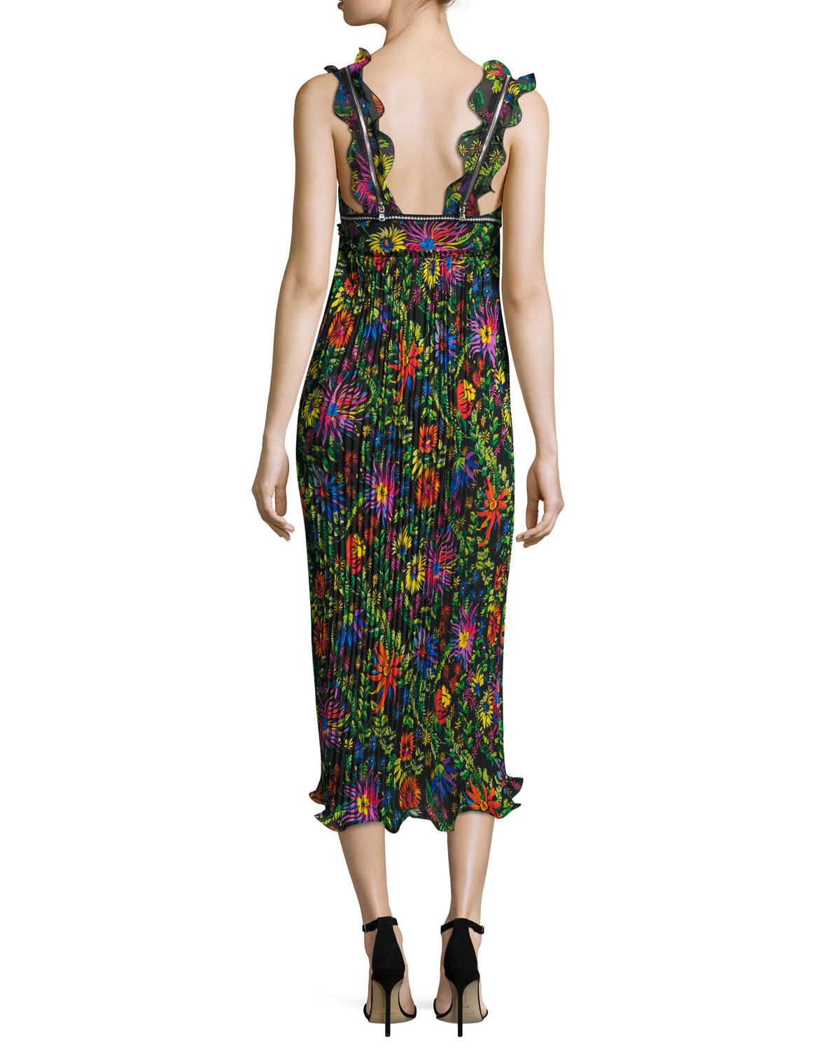 Sleeveless Floral Pleated Midi Dress, Black/Multicolor