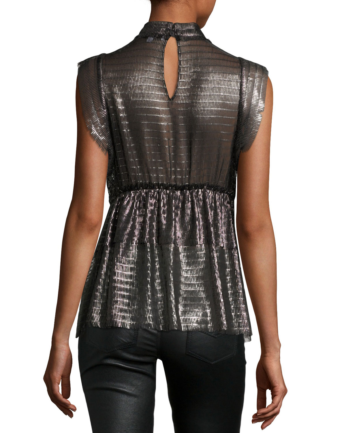 Anmari Sleeveless Tiered Metallic Top, Black/Silver