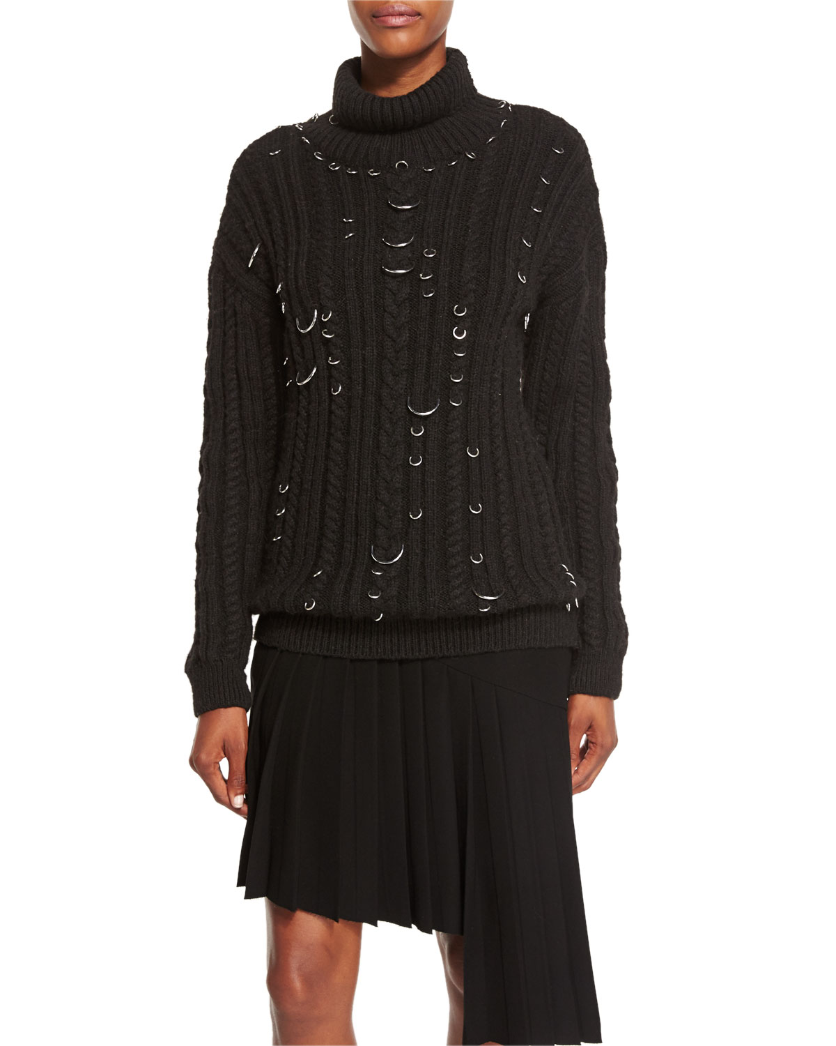 Pierced Chunky Turtleneck Sweater, Black