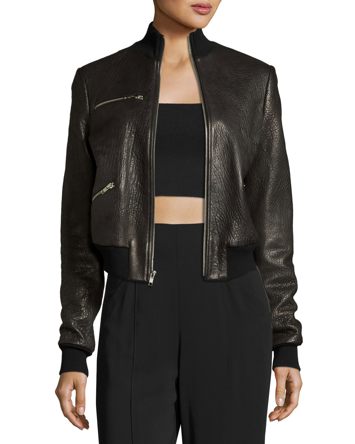 Jordyn Pebbled Leather Zip-Front Jacket, Black