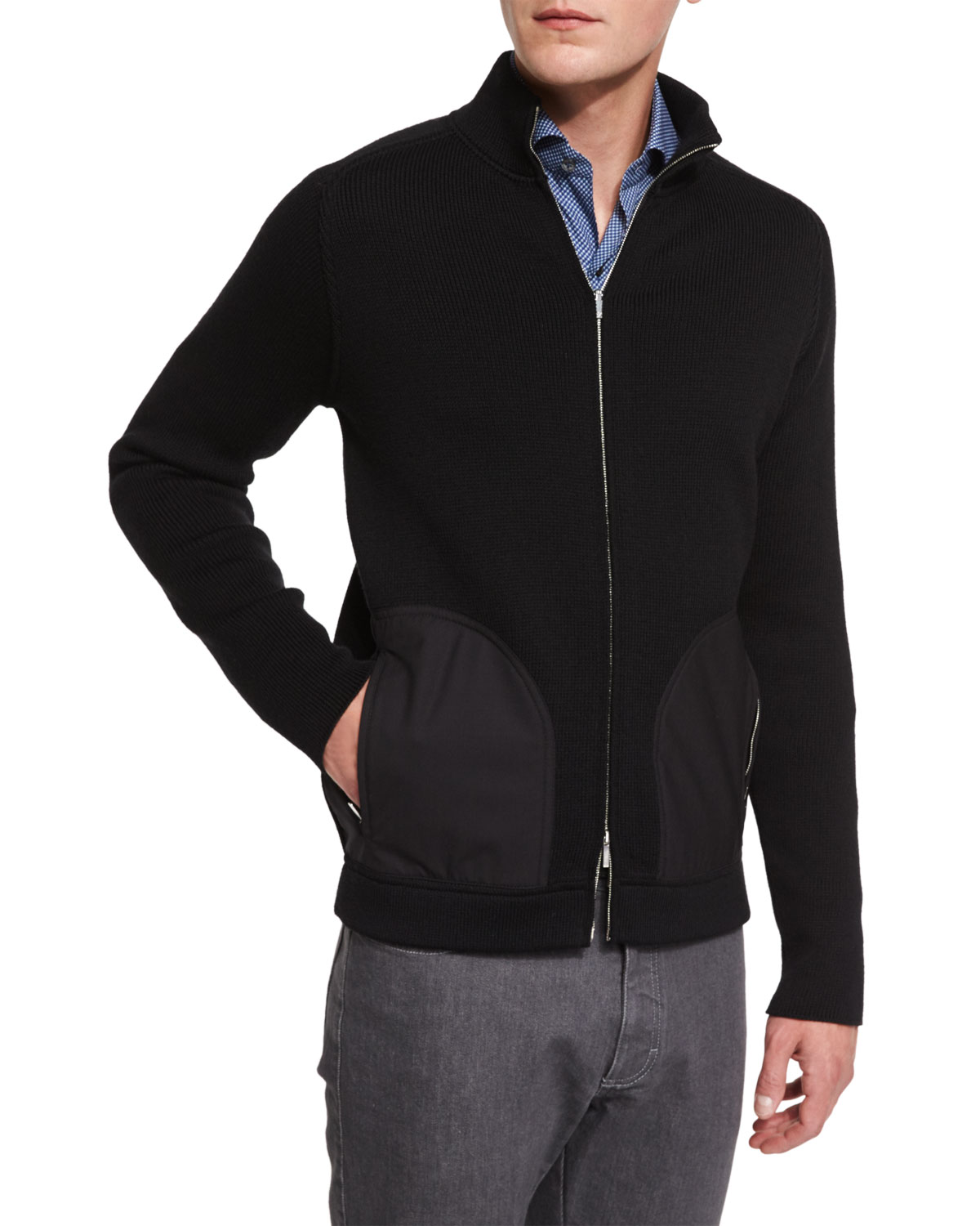 Seed-Stitch Chunky Knit Zip-Up Cardigan, Black