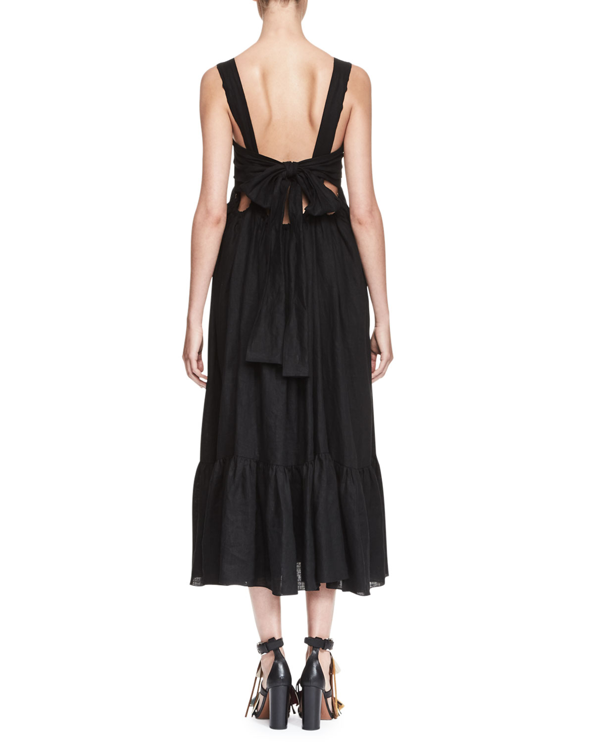 Square-Neck Linen Tie-Back Maxi Dress, Black