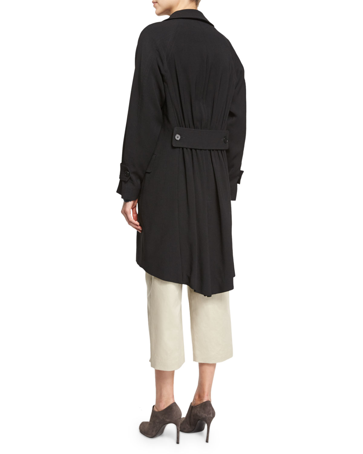 Double-Breasted Pleated-Back Trench Coat, Black