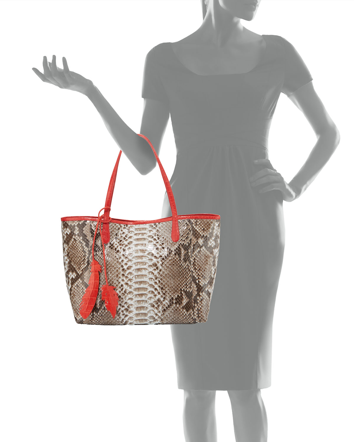 Erica Python Shopper Tote Bag, Natural/Red