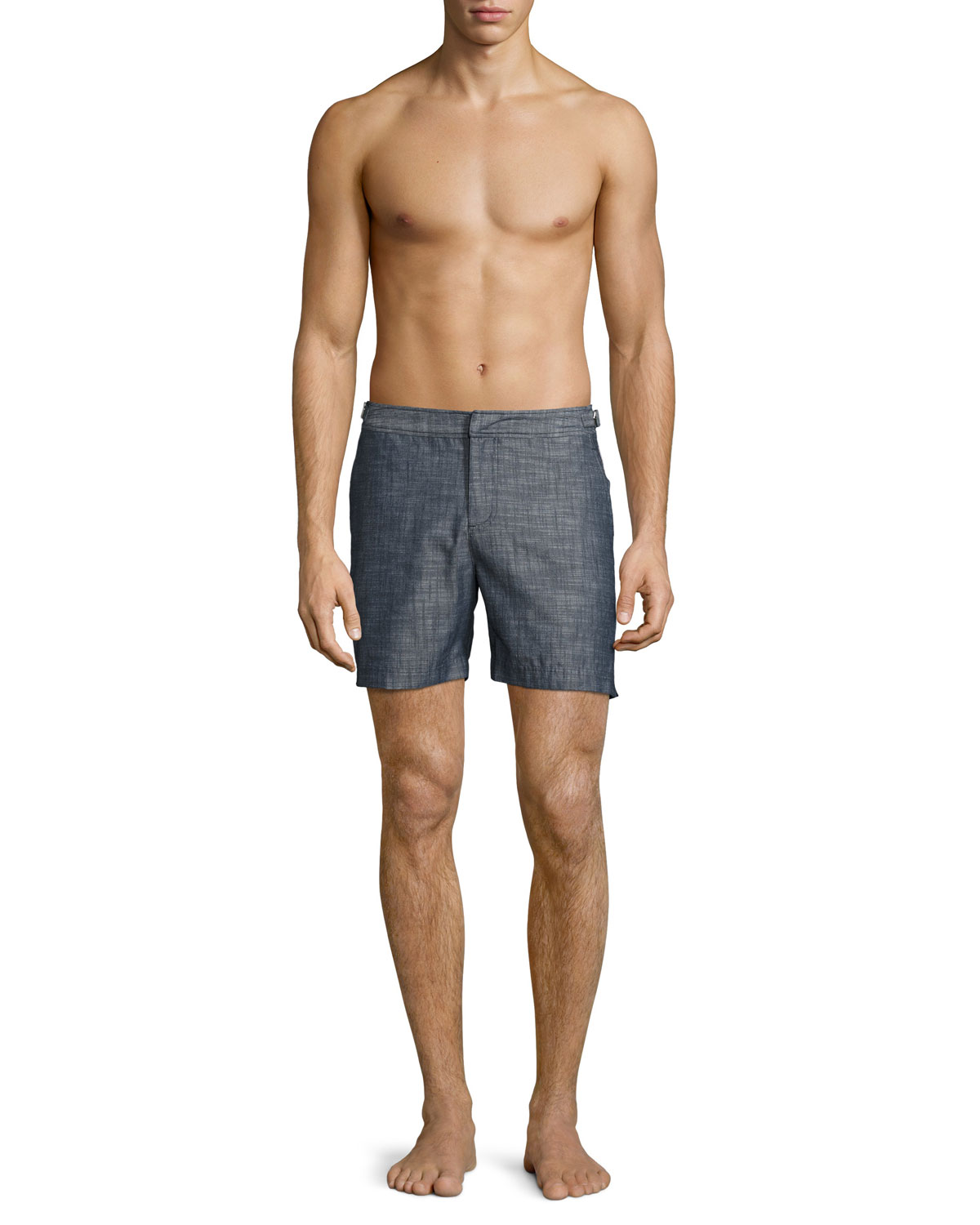 Bulldog Chambray Mid-Length Swim Trunks, Gray