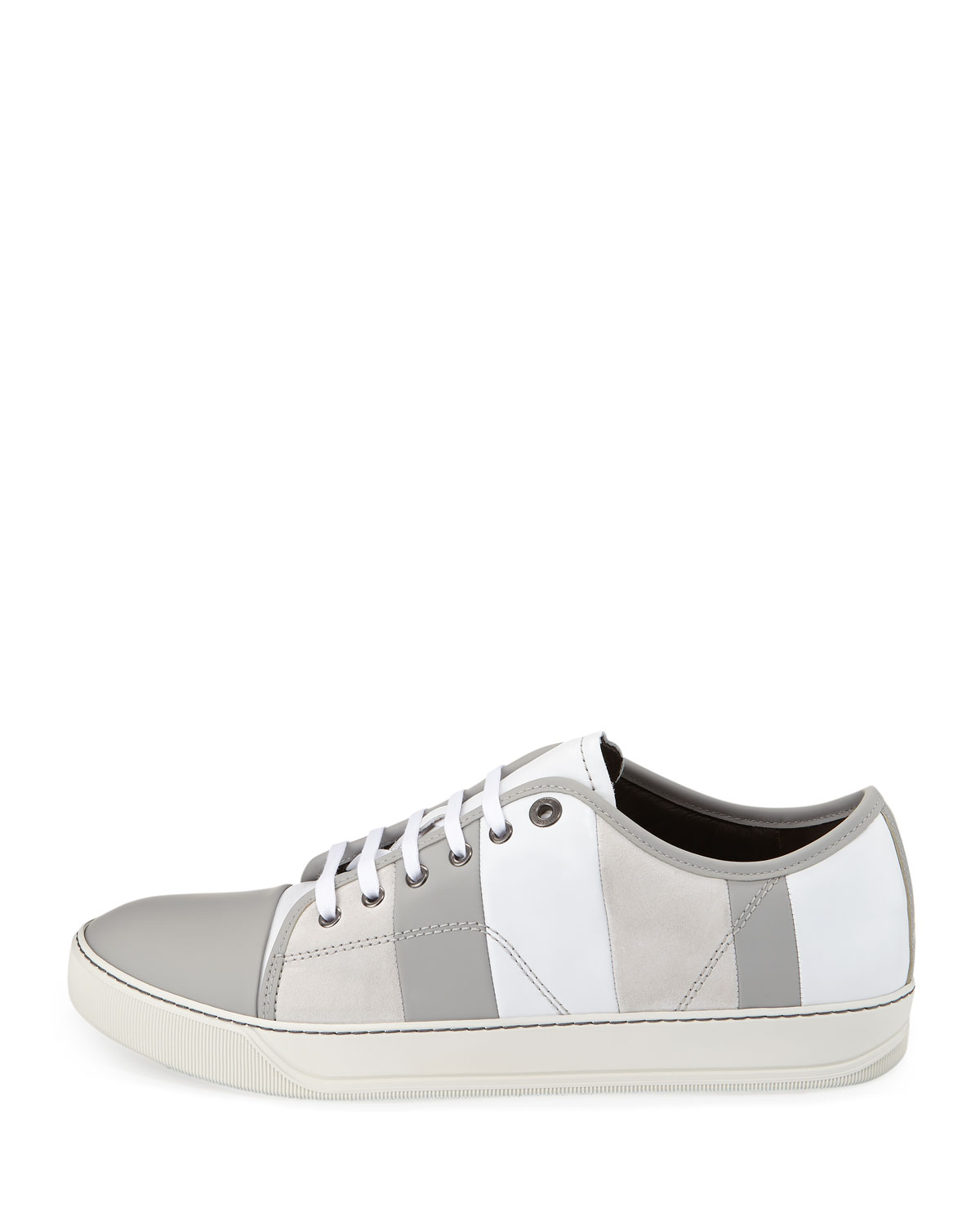 Men's Striped Leather Low-Top Sneaker, White/Gray