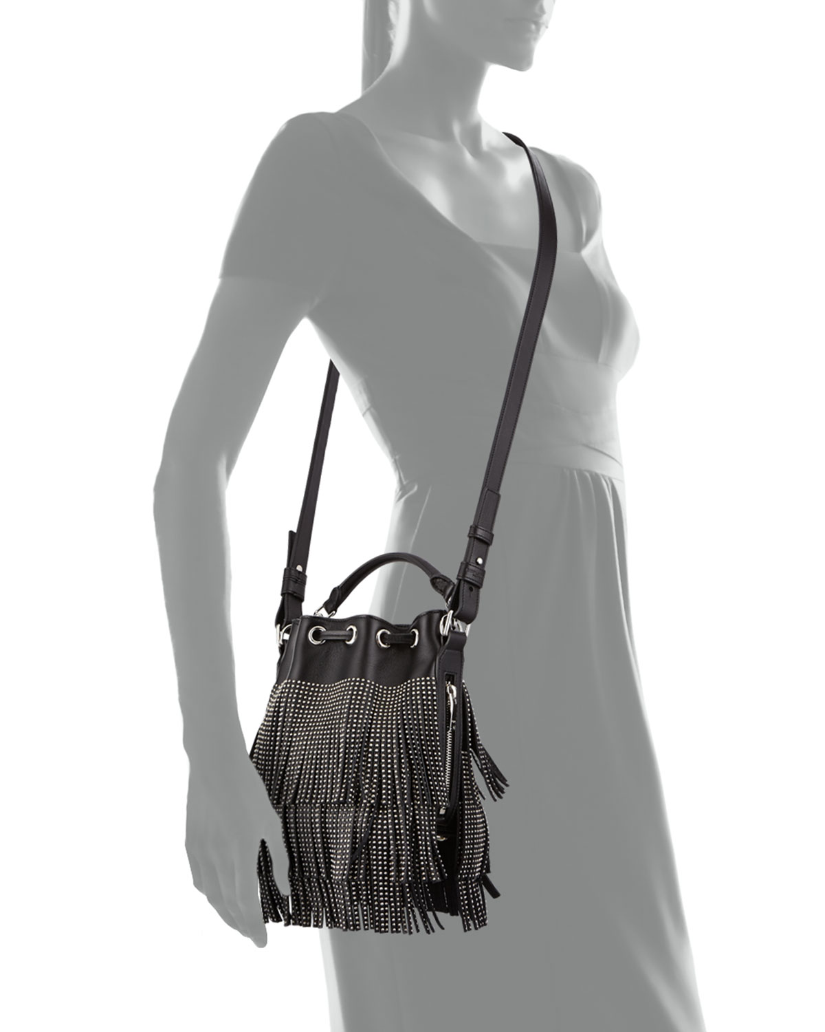 Small Stud Fringe Bucket Shoulder Bag, Black