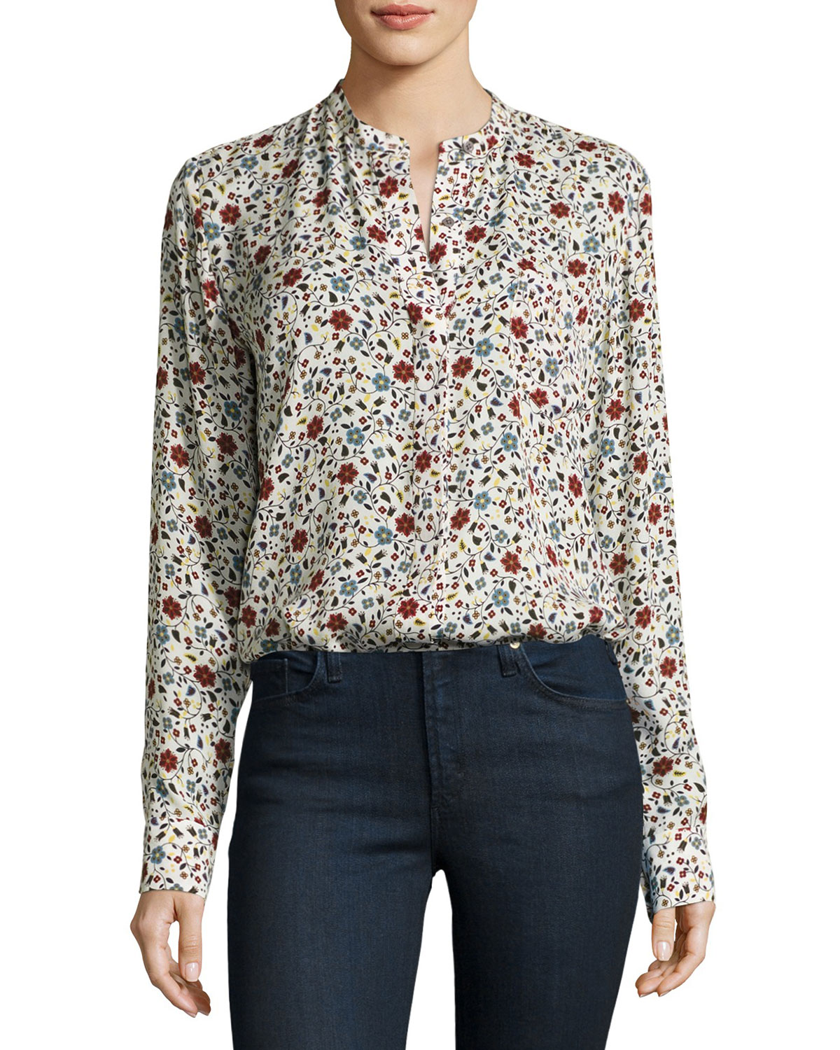 Rey Long-Sleeve Floral Silk Top, White/Multicolor