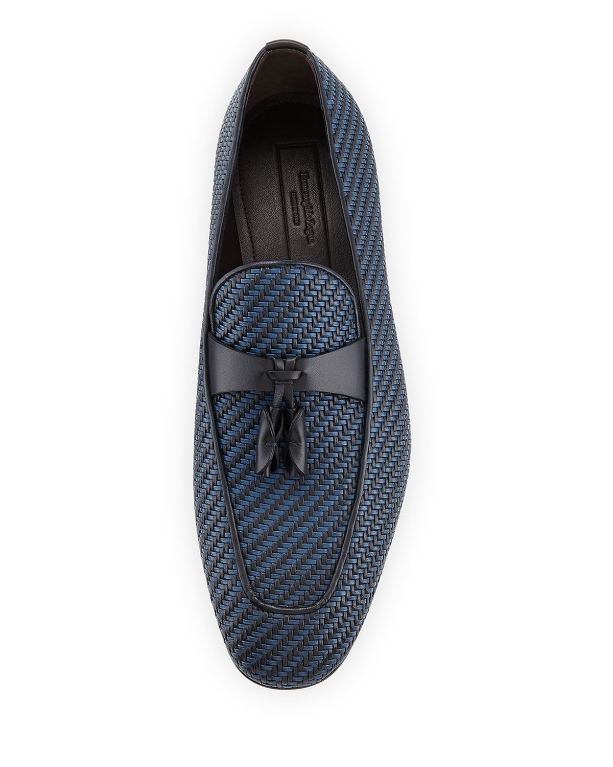 Lido Bicolor Woven Leather Tassel Loafer, Navy