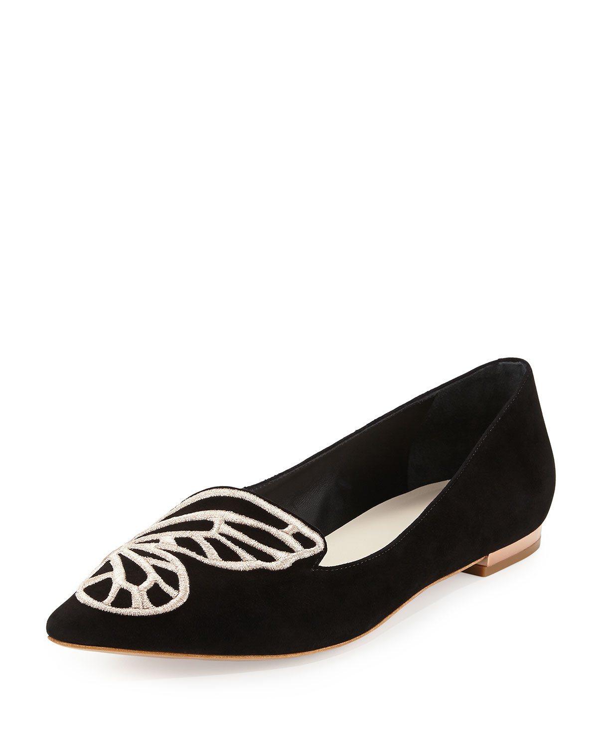 Bibi Butterfly Embroidered Suede Flat, Black/Rose Gold