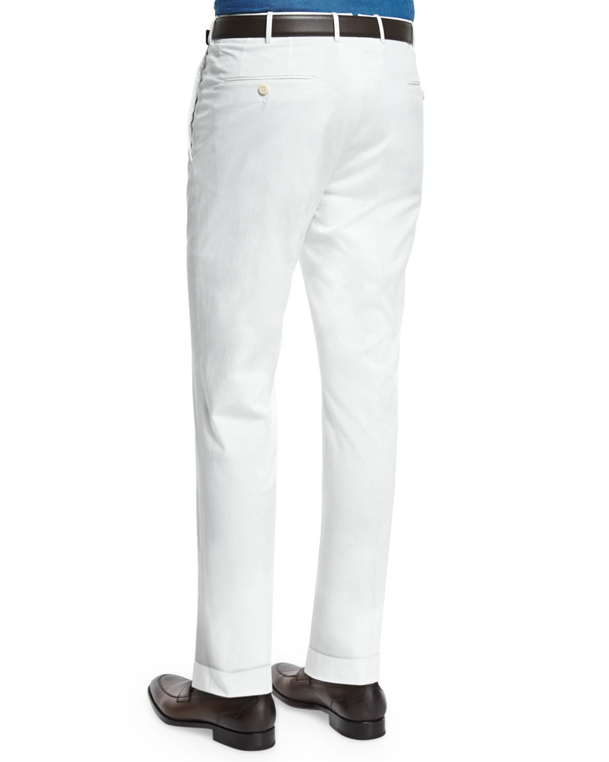 White Cotton Gab Flat-Front Trousers, White