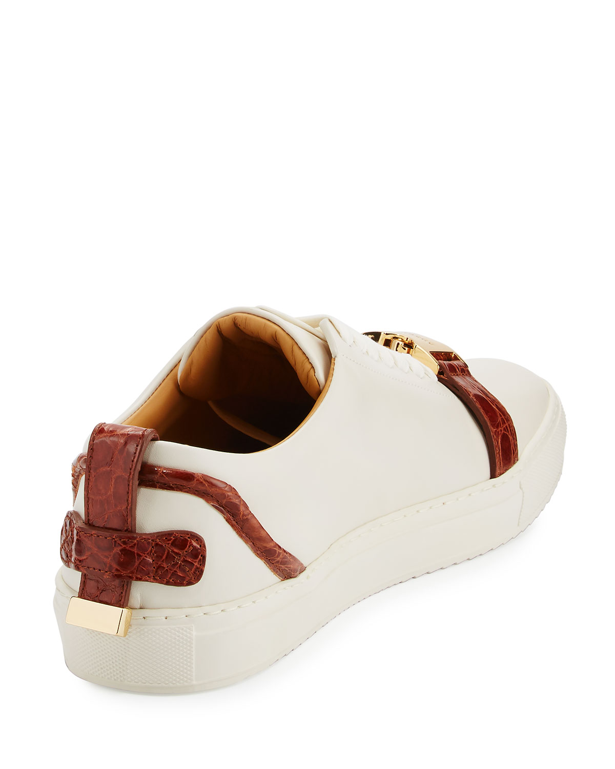 Men's 50mm Low-Top Sneaker with Croc-Embossed Leather Details, Off White Peanut