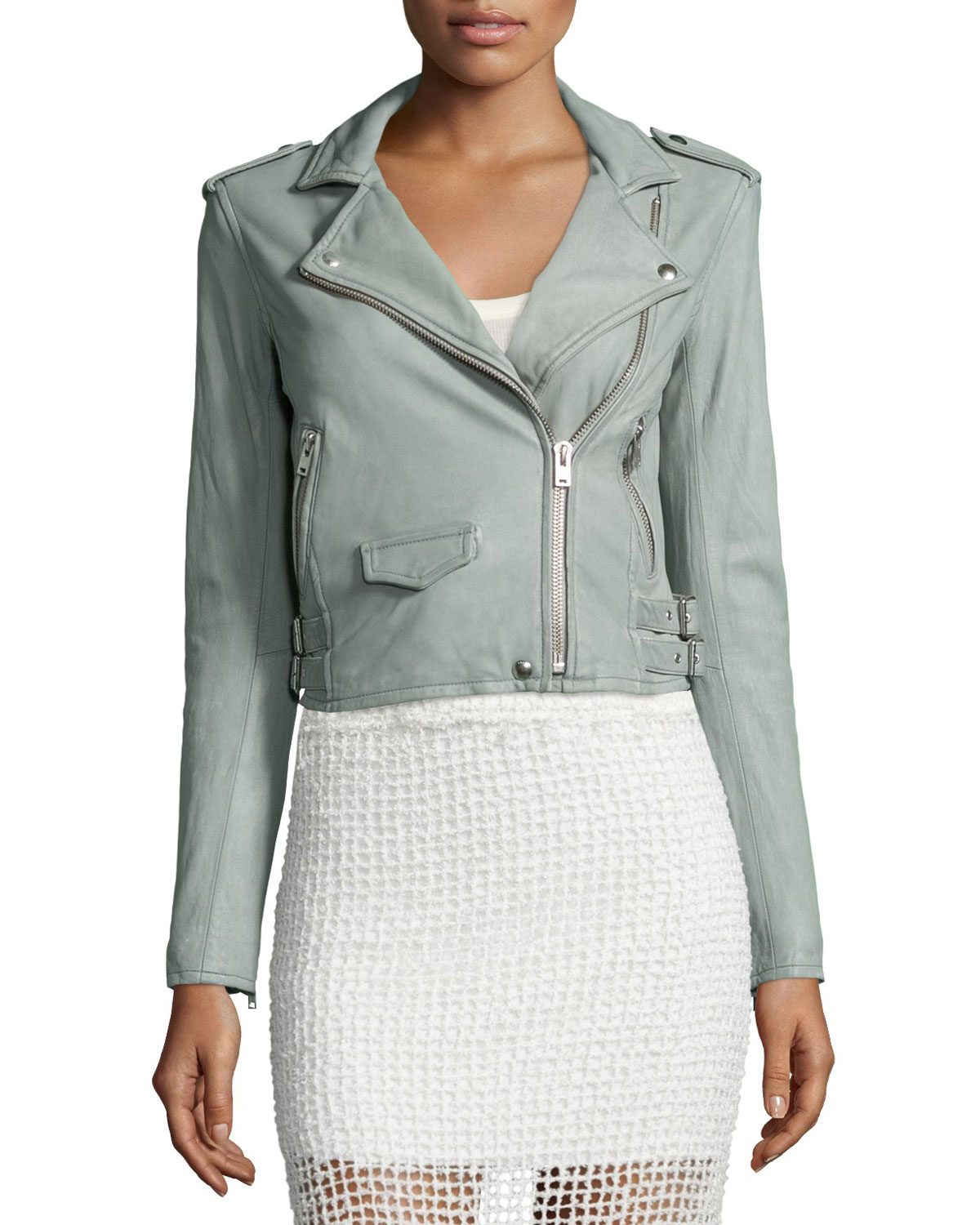 Ashville Cropped Leather Jacket, Light Gray