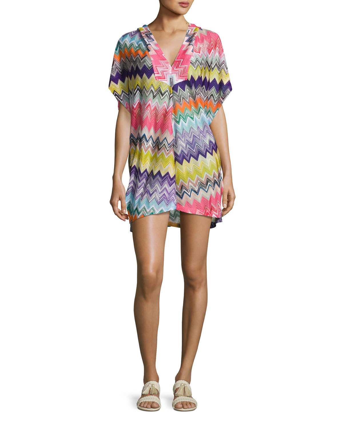 Hooded Zigzag Beach Coverup Dress, Multicolor