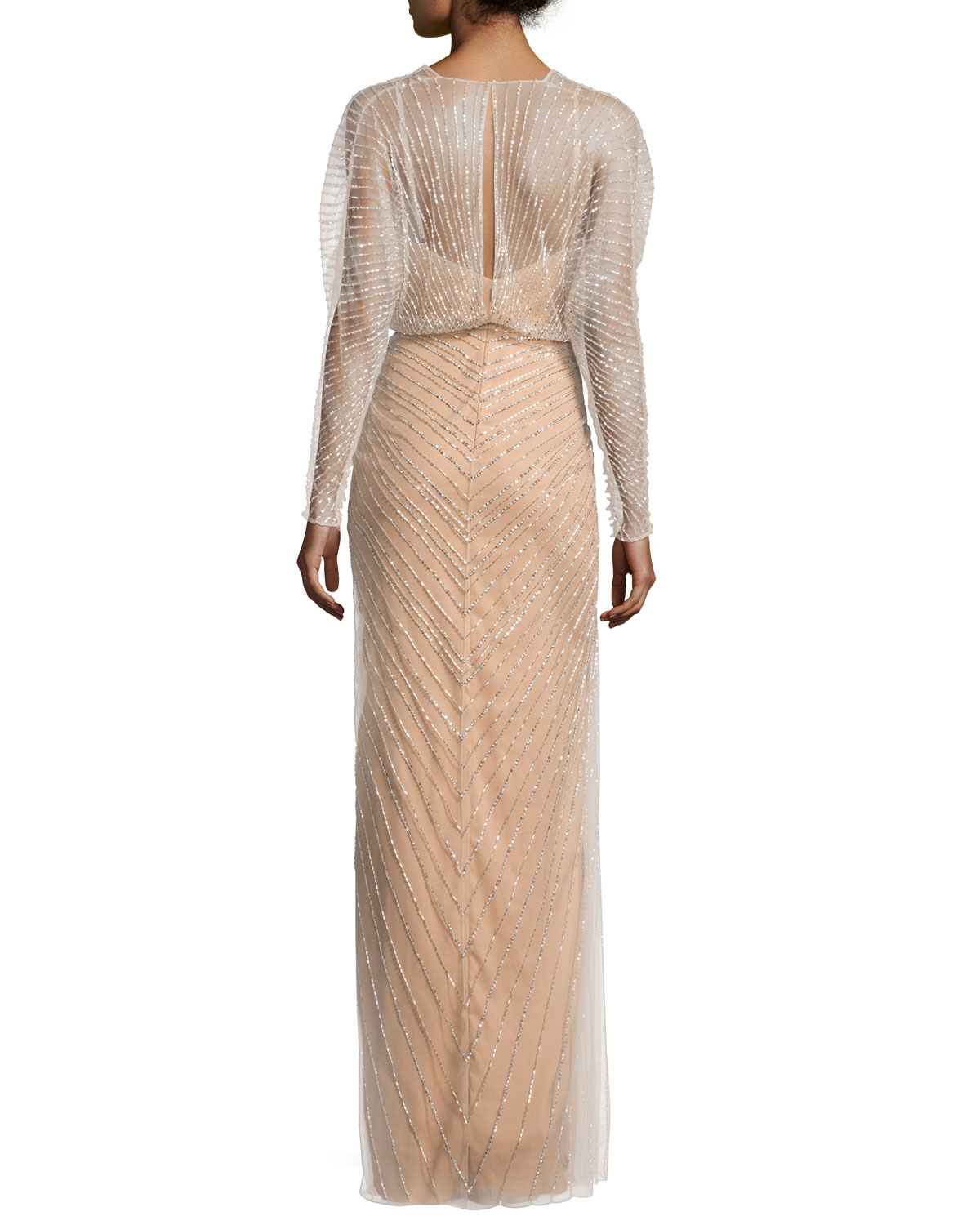 Long-Sleeve Embellished-Overlay Gown, Illusion