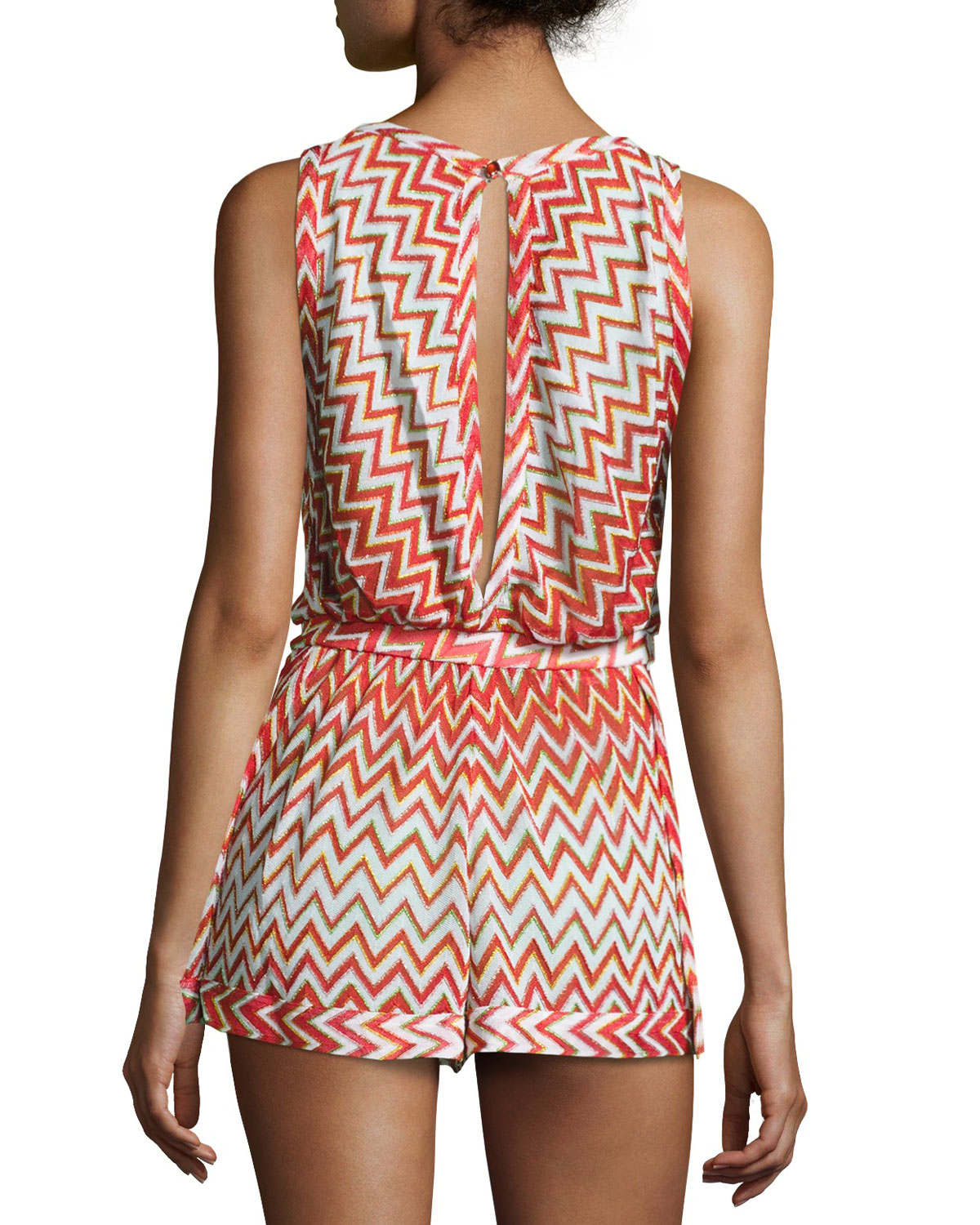 Metallic Zigzag Romper Coverup, Red