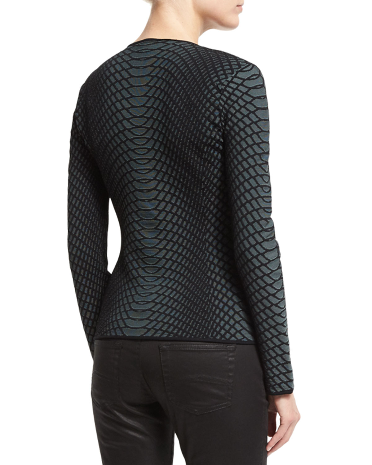 Textured Long-Sleeve V-Neck Jacket, Green/Multi