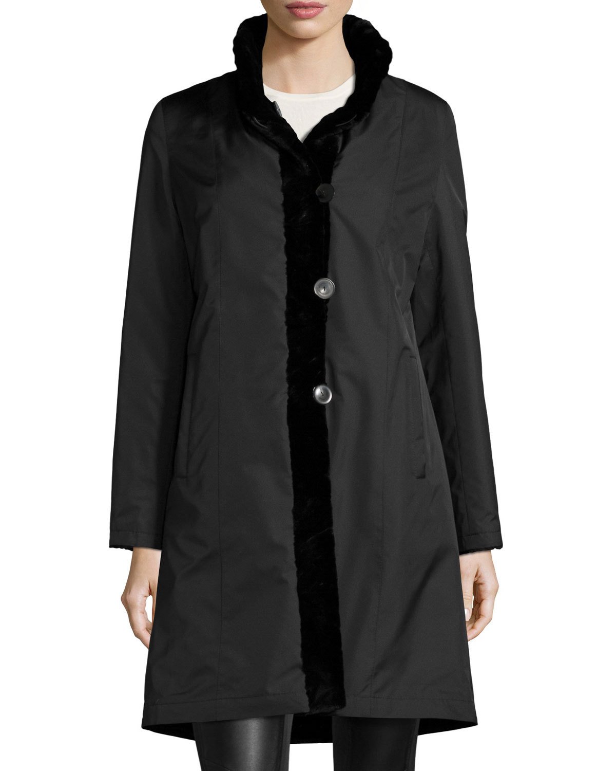 Reversible Mink Fur-Trim Coat, Black