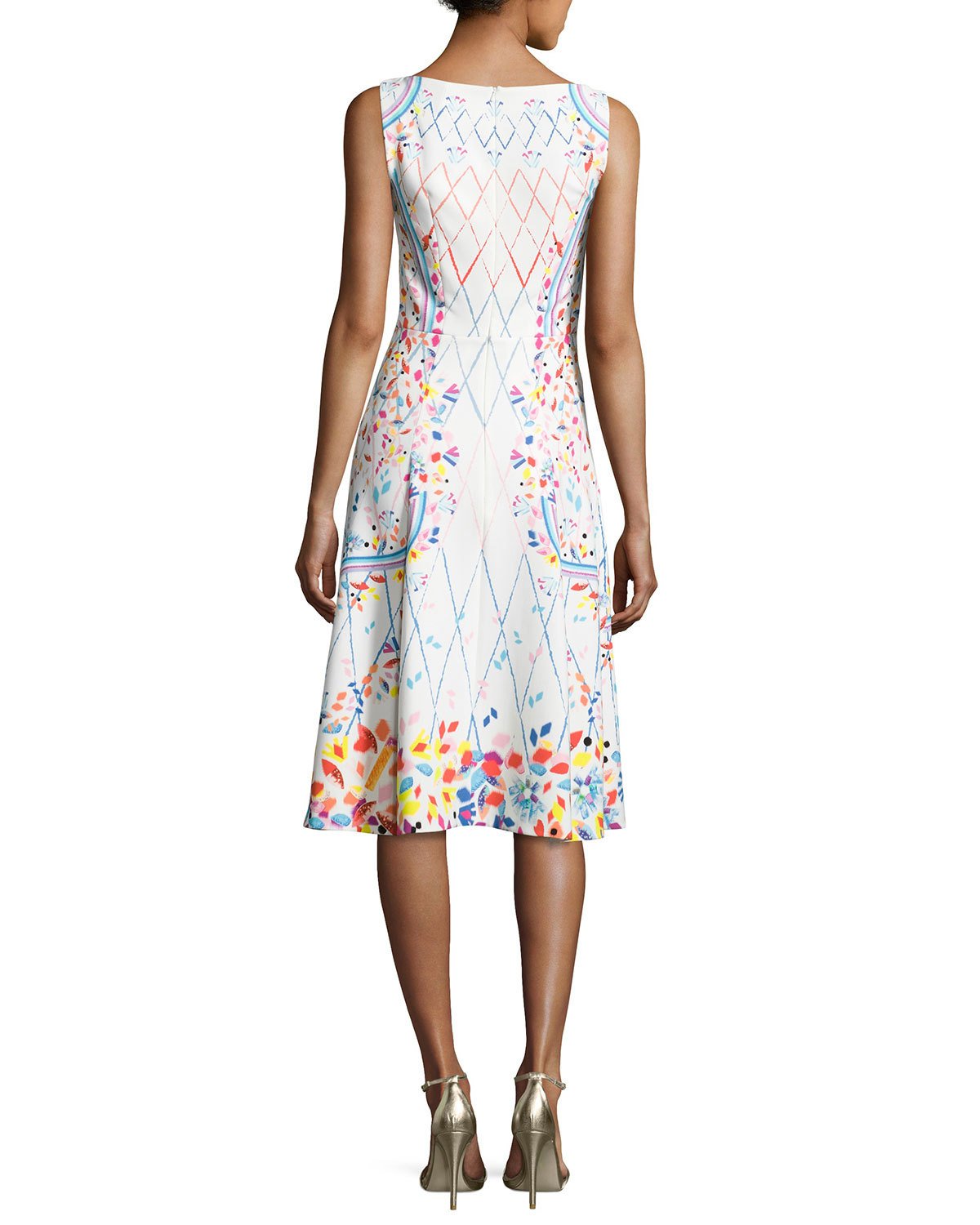 Sleeveless Lace-Print A-Line Dress, White/Multi
