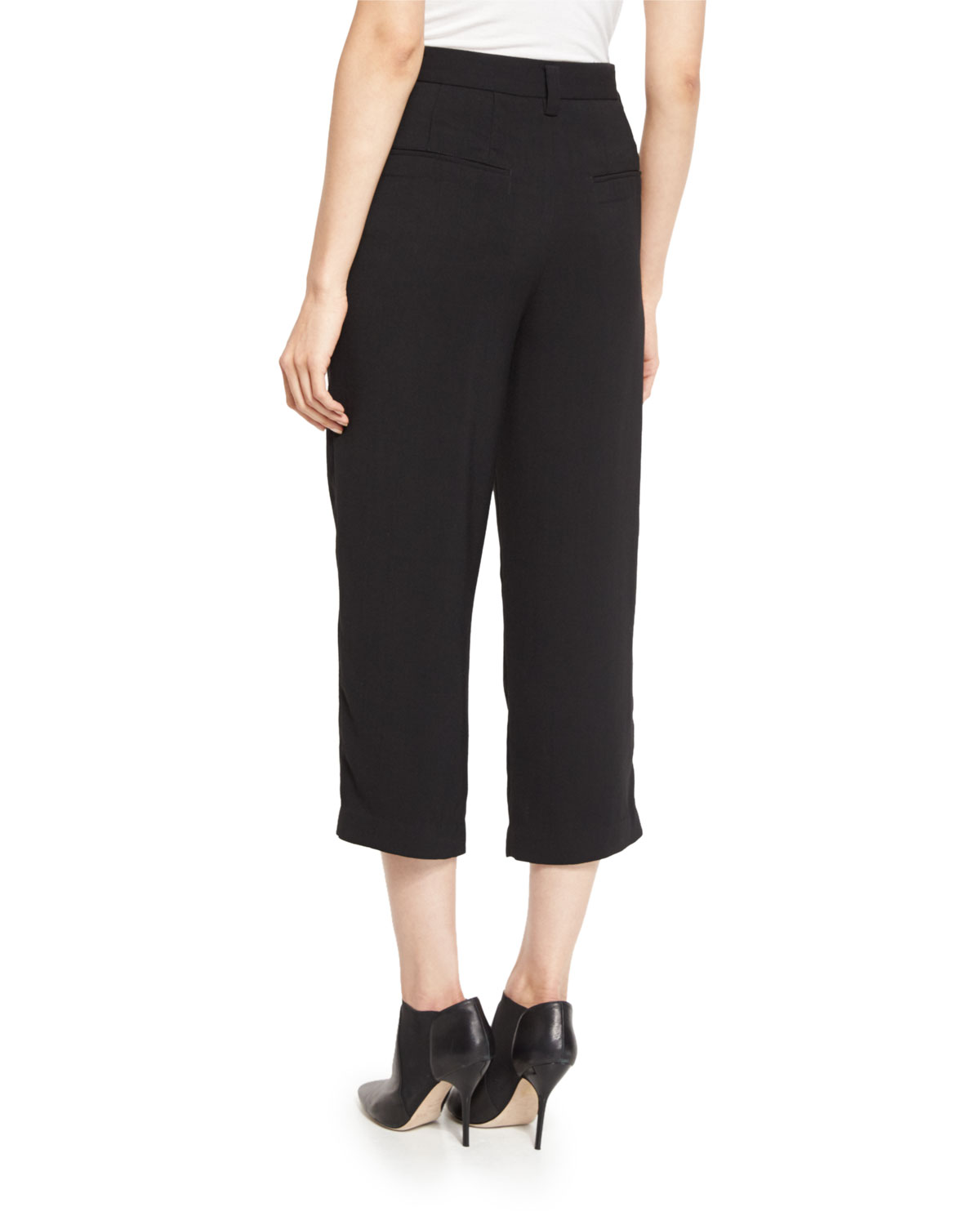 Pleated-Front Cropped Pants, Black