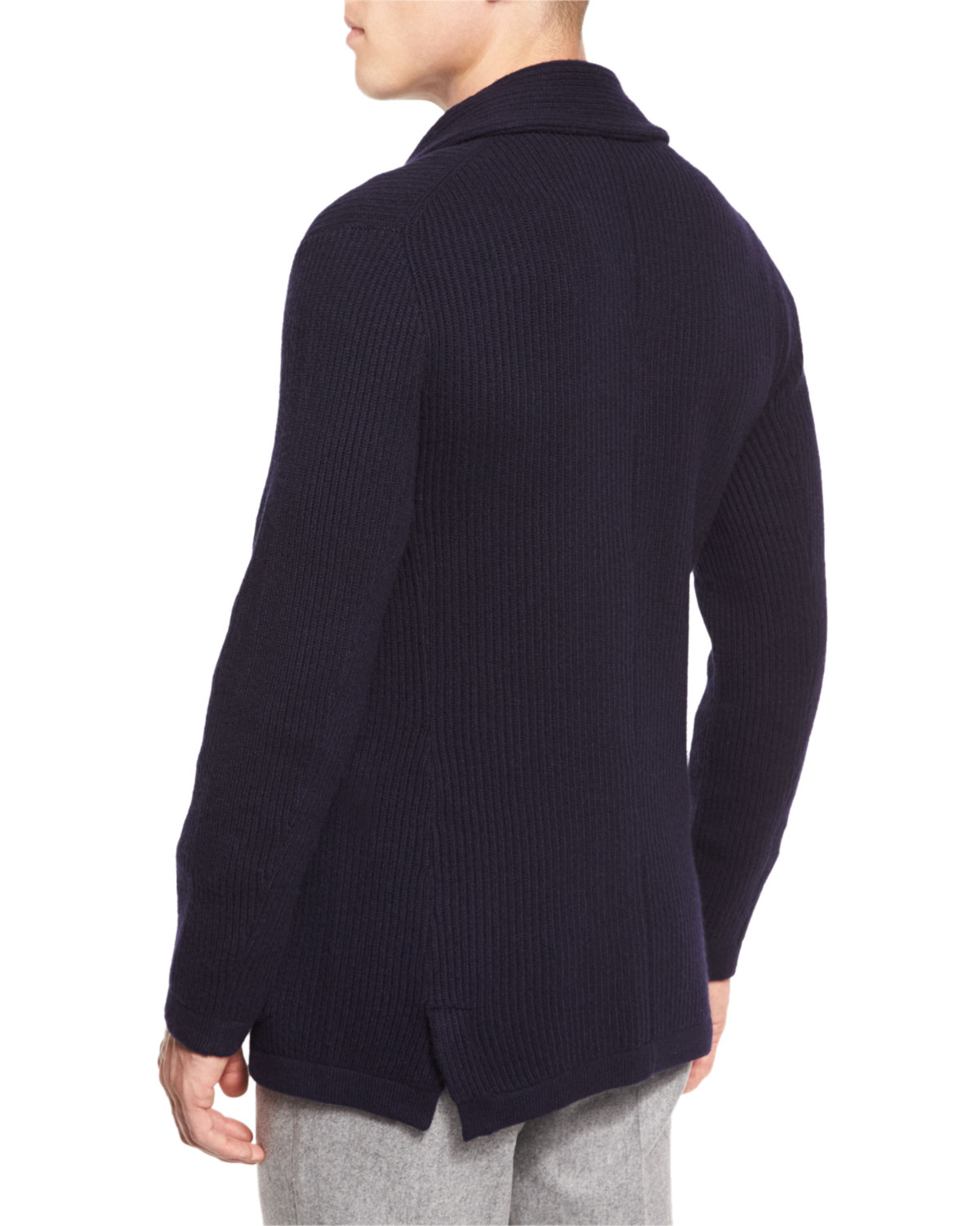 Ribbed Cashmere Blazer-Style Cardigan, Navy