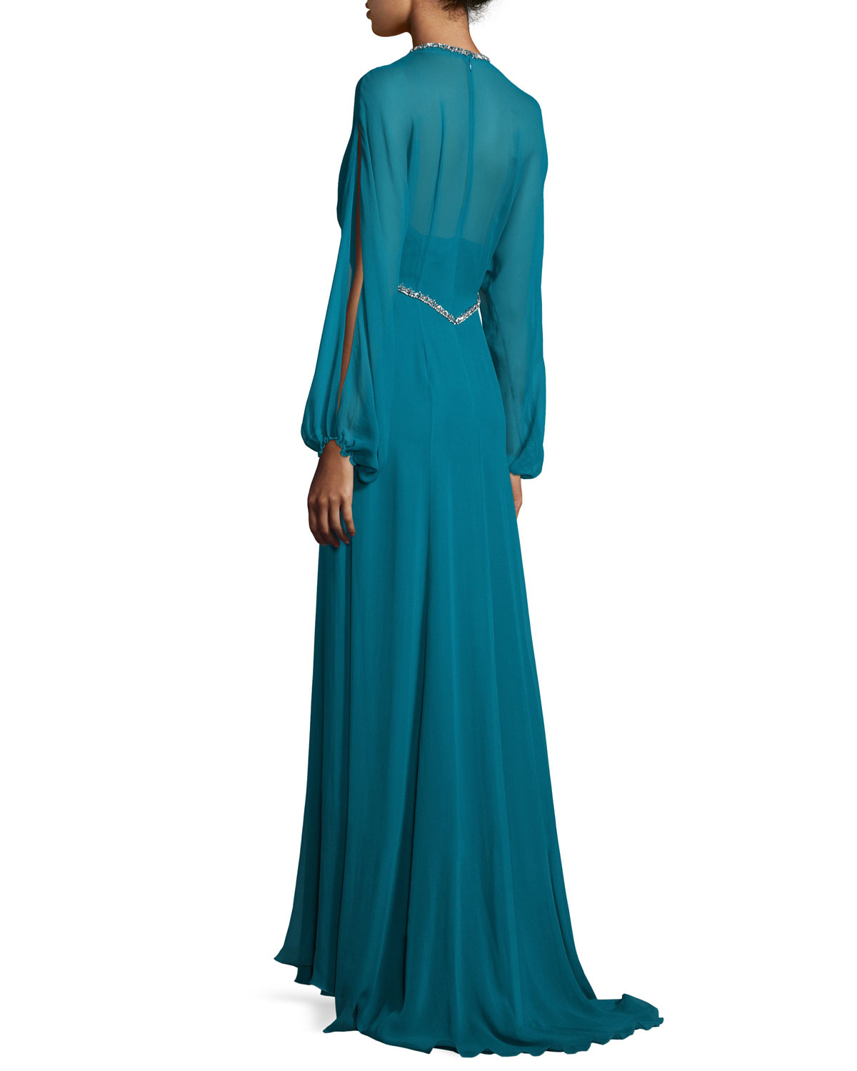 Beaded-Trim Slit-Sleeve V-Neck Gown, Emerald