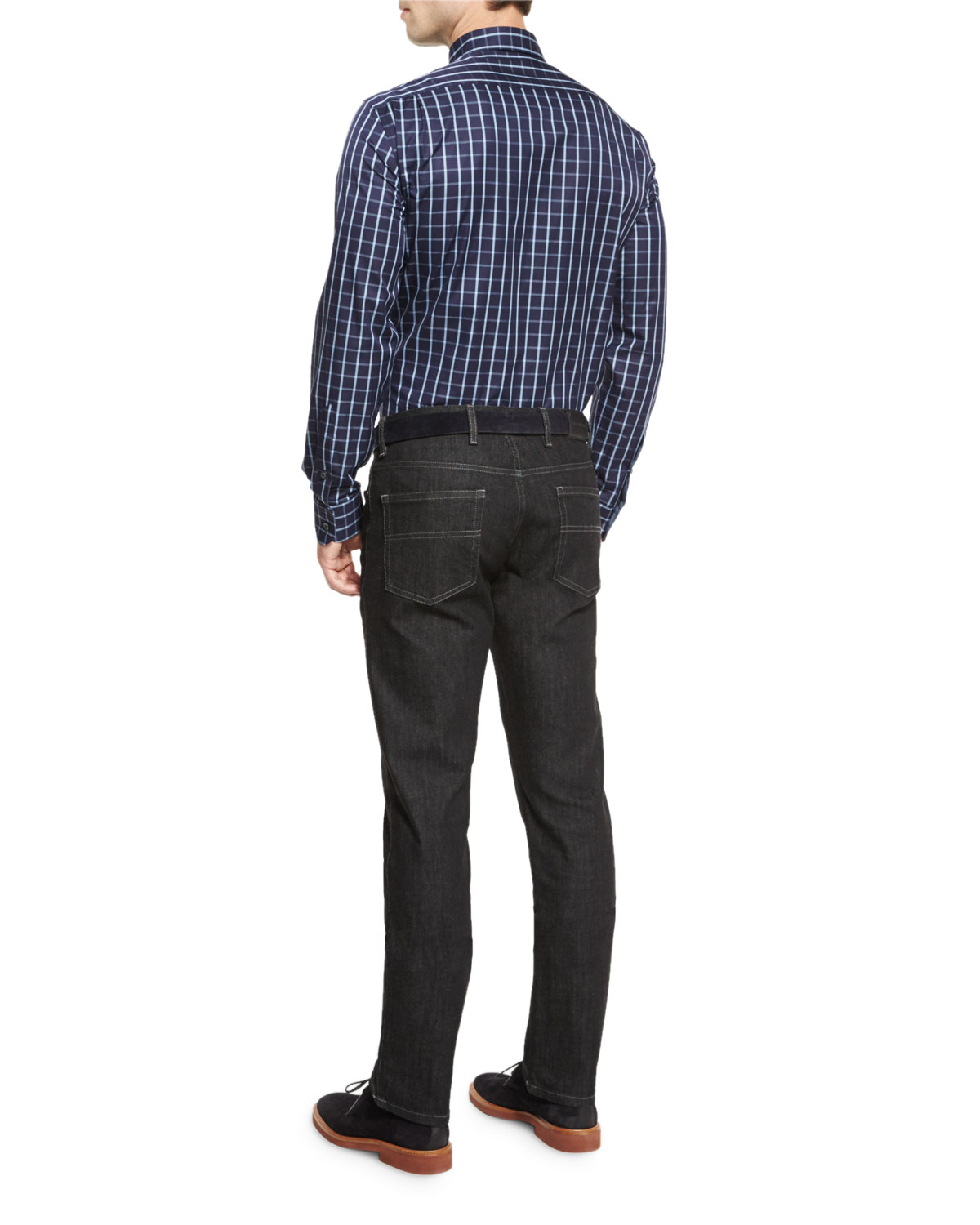 Windowpane Long-Sleeve Sport Shirt, Navy