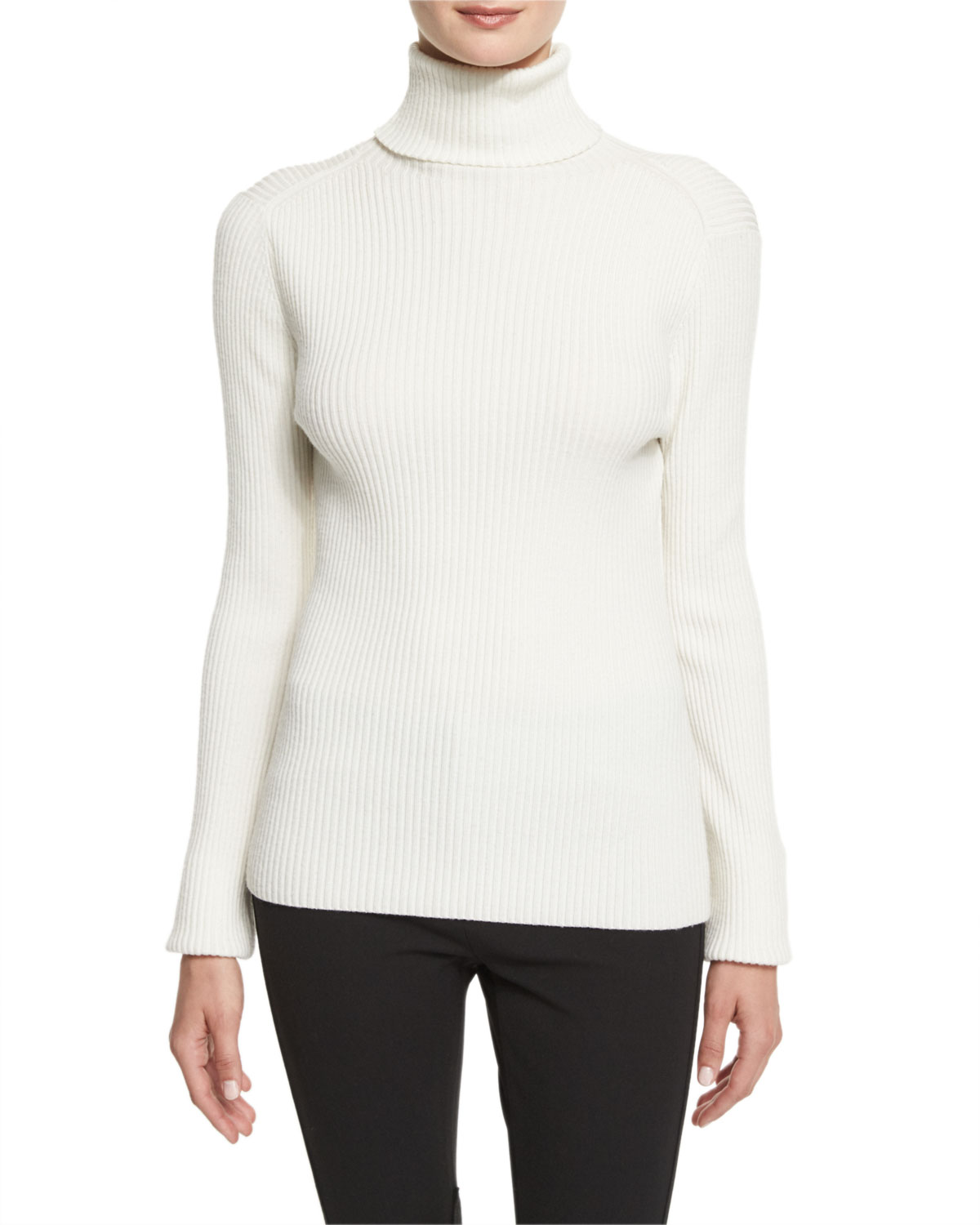 Long-Sleeve Ribbed Turtleneck Sweater, Antique White