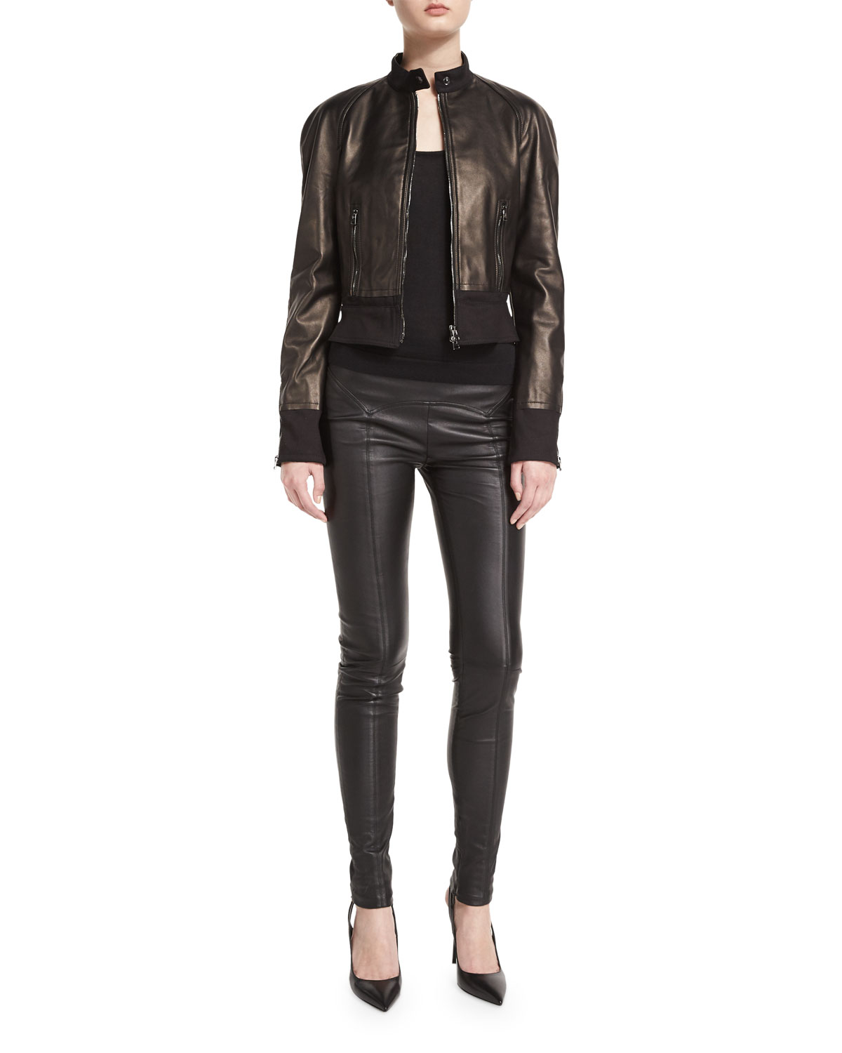 Yoke-Waist Leather Leggings, Black