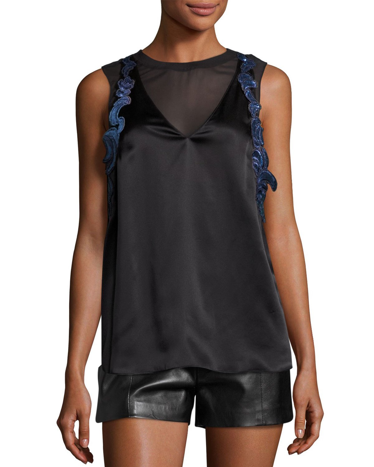 Sleeveless Lace-Trim Satin Slip Top, Black