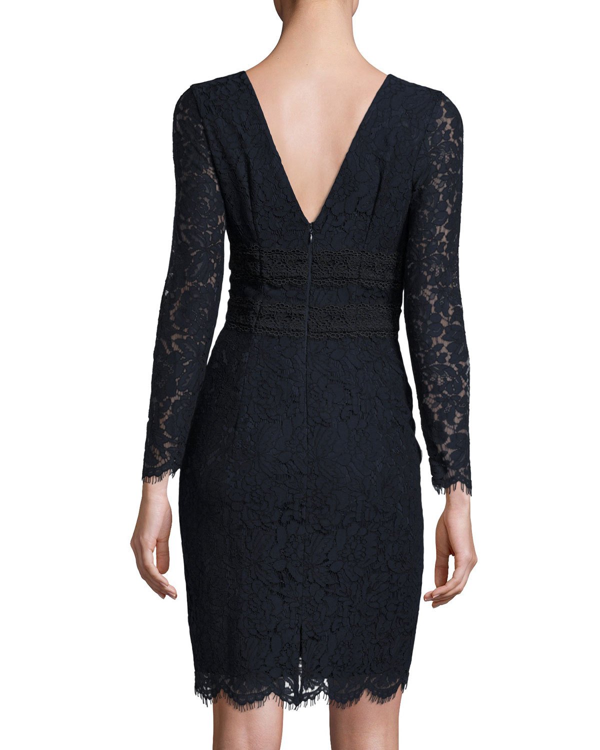 Viera Lace Long-Sleeve V-Neck Cocktail Dress, Deep Night/Black