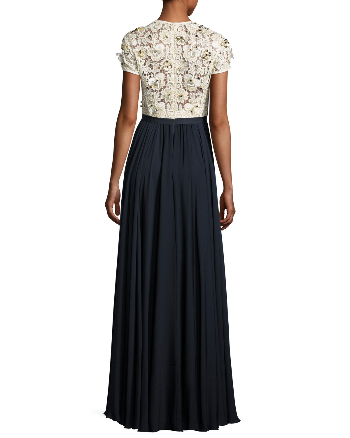 Beaded Lace-Bodice Short-Sleeve Gown, Ivory/Dark Navy